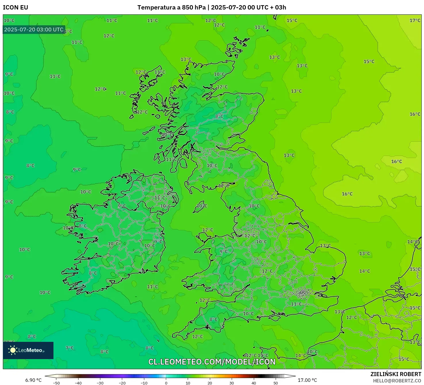 ICON model - Reino Unido, Temperatura a 850 hPa