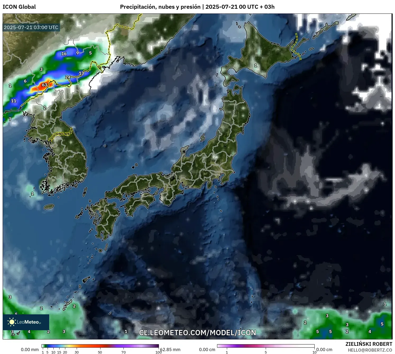 ICON model - Japón, Precipitación, nubes y presión ICON model - Japón, Precipitación, nubes y presión