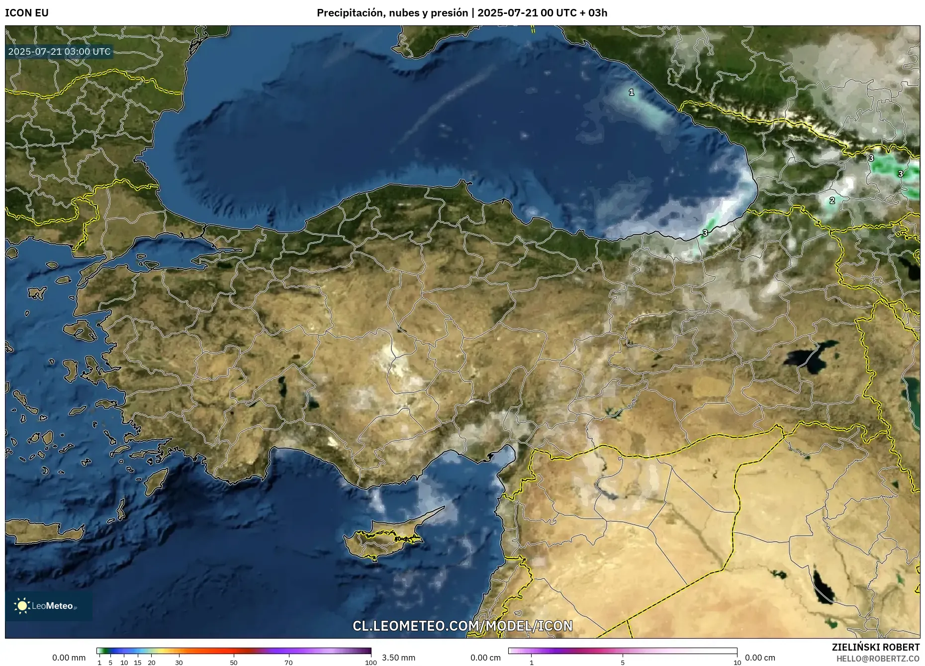ICON model - Turquía, Precipitación, nubes y presión ICON model - Turquía, Precipitación, nubes y presión