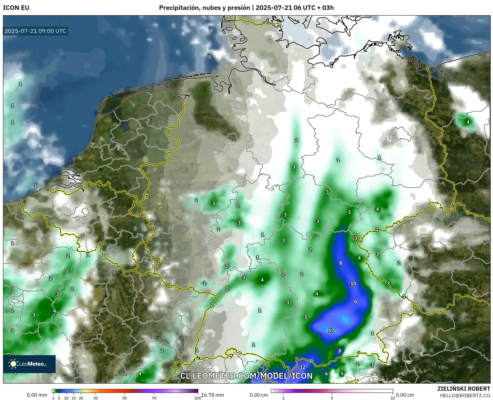 ICON model - Alemania, Precipitación, nubes y presión ICON model - Alemania, Precipitación, nubes y presión