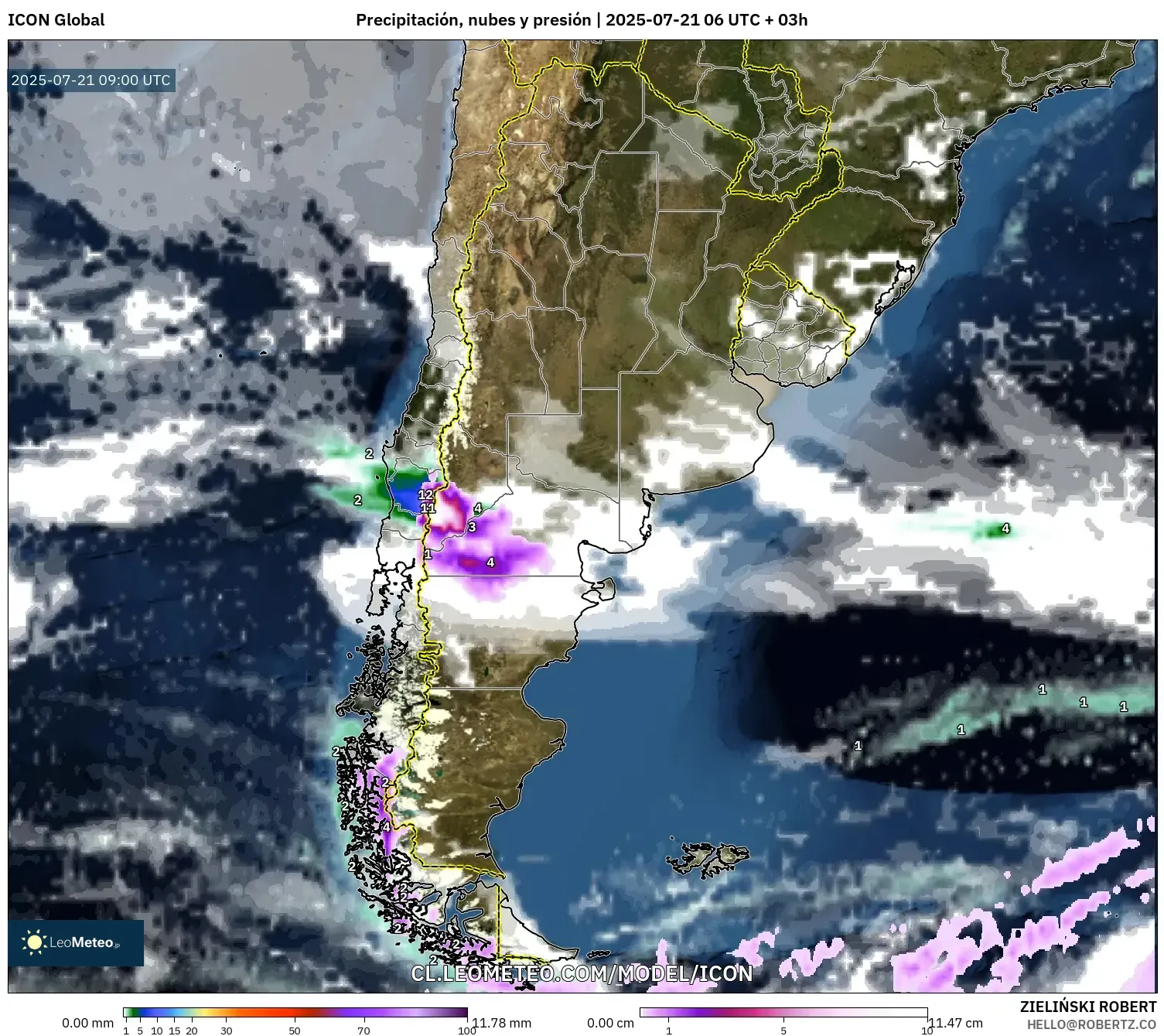 ICON model - Argentina, Precipitación, nubes y presión ICON model - Argentina, Precipitación, nubes y presión