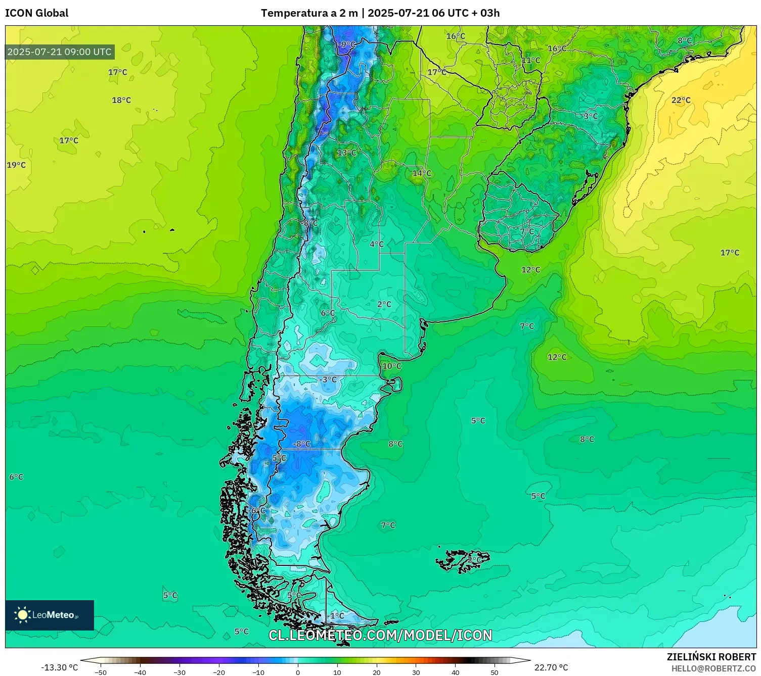ICON model - Argentina, Temperatura a 2 m ICON model - Argentina, Temperatura a 2 m