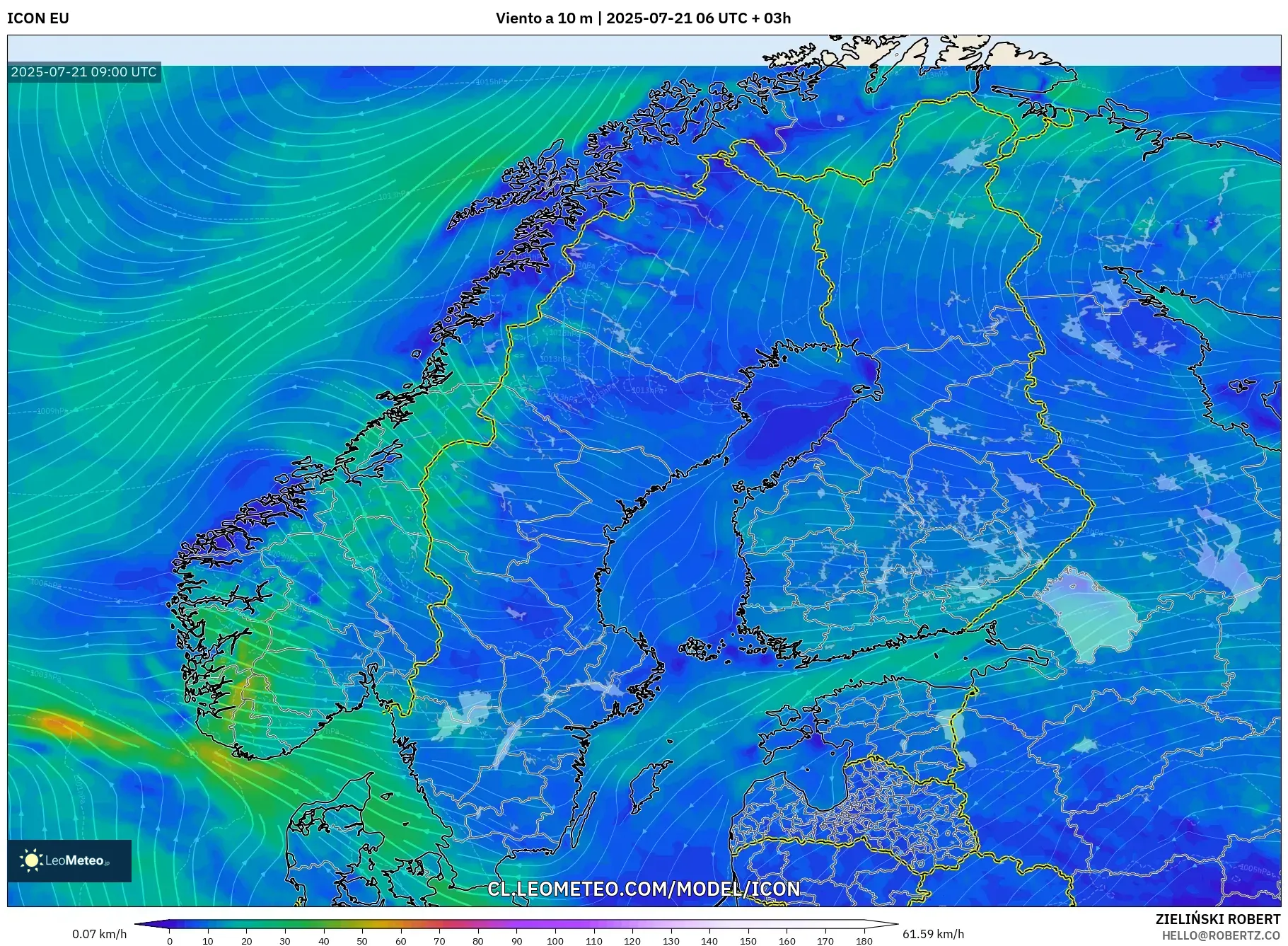 ICON model - Escandinavia, Viento a 10 m