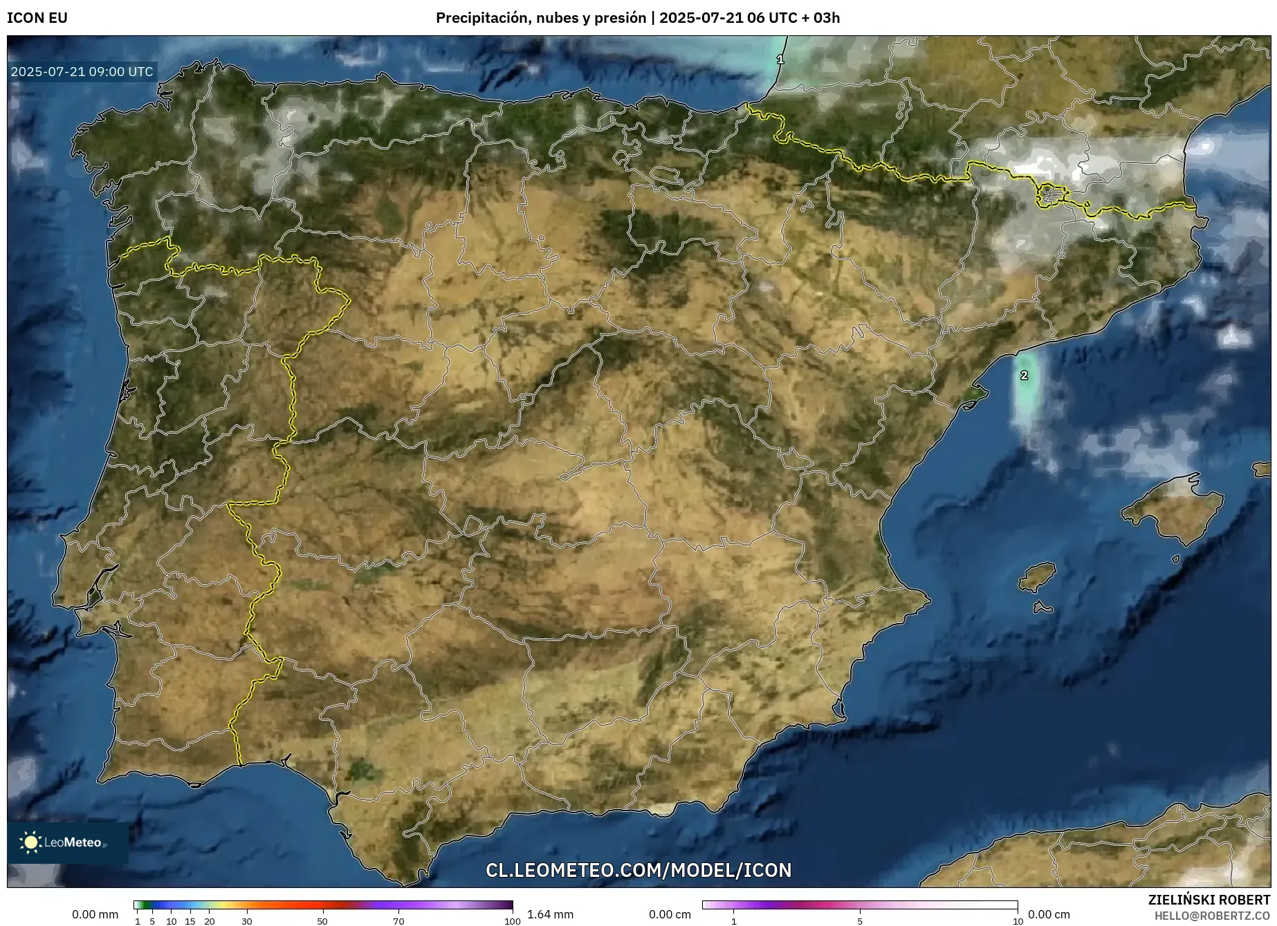 ICON model - España, Precipitación, nubes y presión ICON model - España, Precipitación, nubes y presión