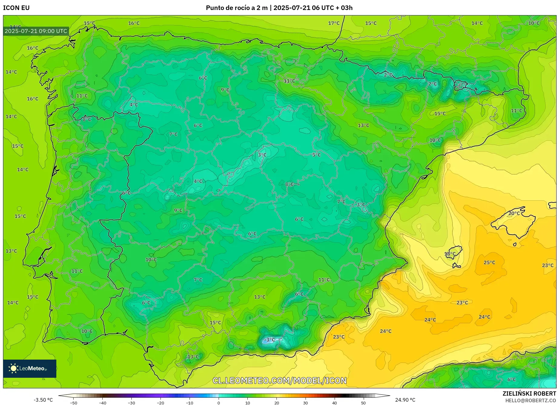 ICON model - España, Punto de rocío a 2 m ICON model - España, Punto de rocío a 2 m