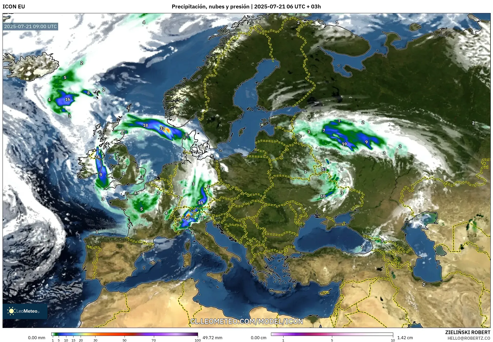 ICON model - Europa, Precipitación, nubes y presión ICON model - Europa, Precipitación, nubes y presión