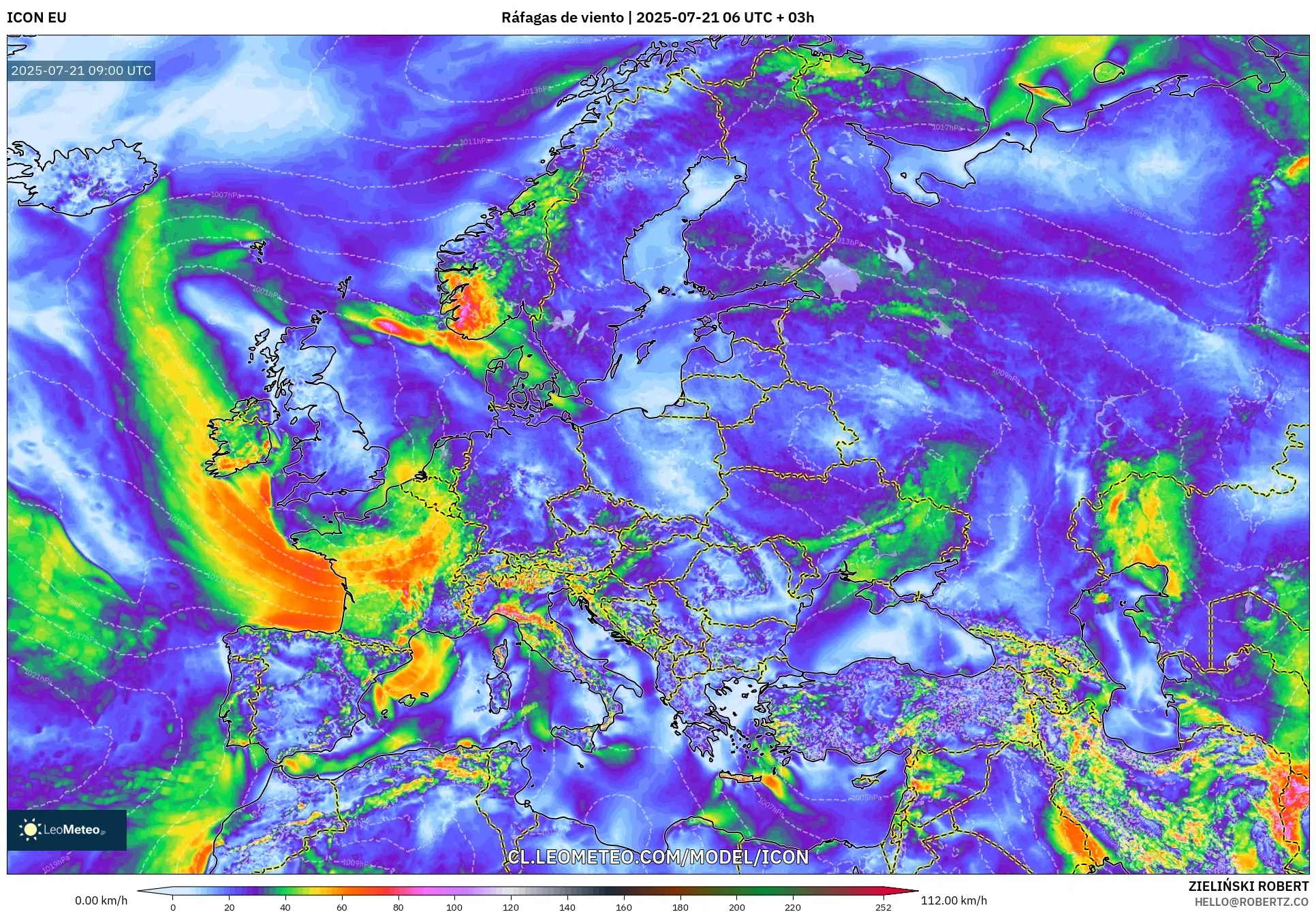 ICON model - Europa, Ráfagas de viento ICON model - Europa, Ráfagas de viento