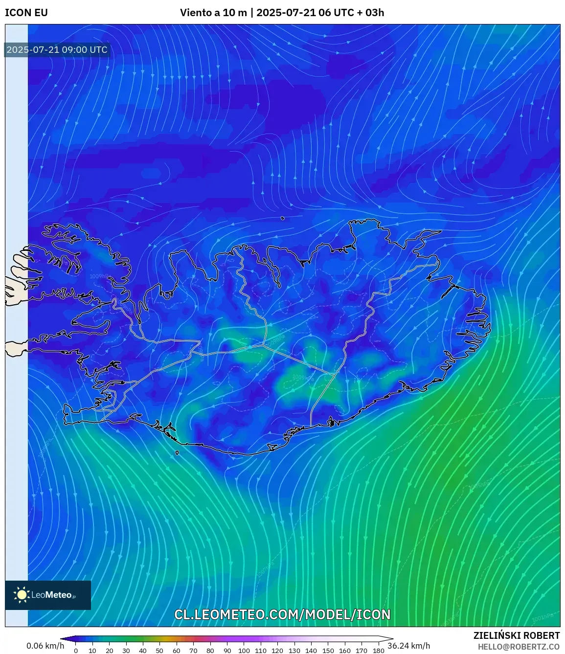 ICON model - Islandia, Viento a 10 m ICON model - Islandia, Viento a 10 m