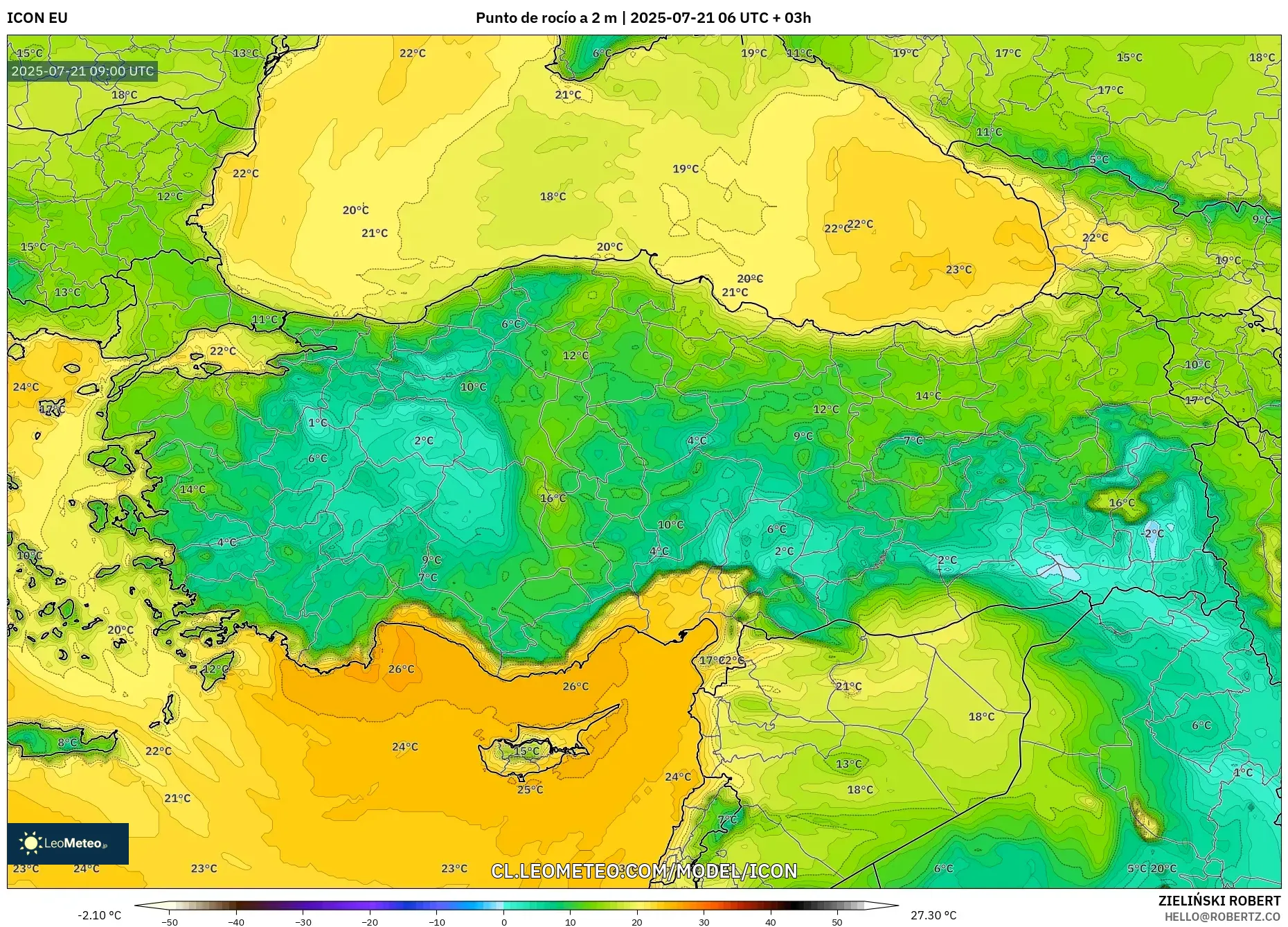 ICON model - Turquía, Punto de rocío a 2 m ICON model - Turquía, Punto de rocío a 2 m