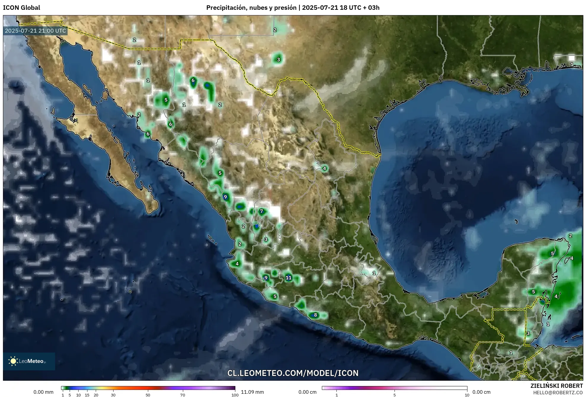 ICON model - México, Precipitación, nubes y presión ICON model - México, Precipitación, nubes y presión