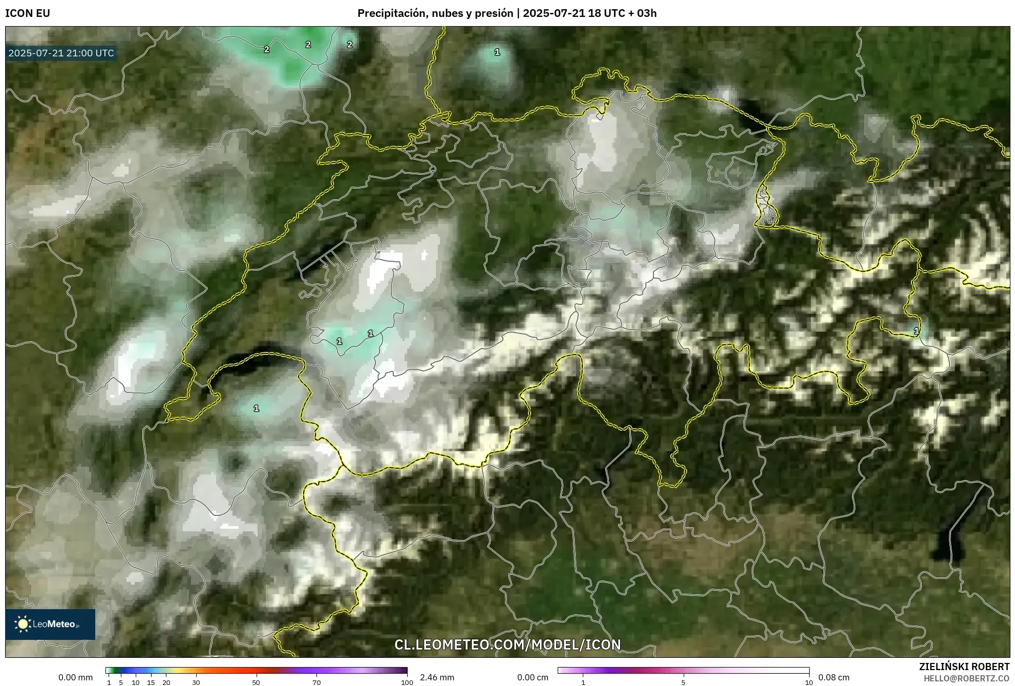 ICON model - Suiza, Precipitación, nubes y presión ICON model - Suiza, Precipitación, nubes y presión