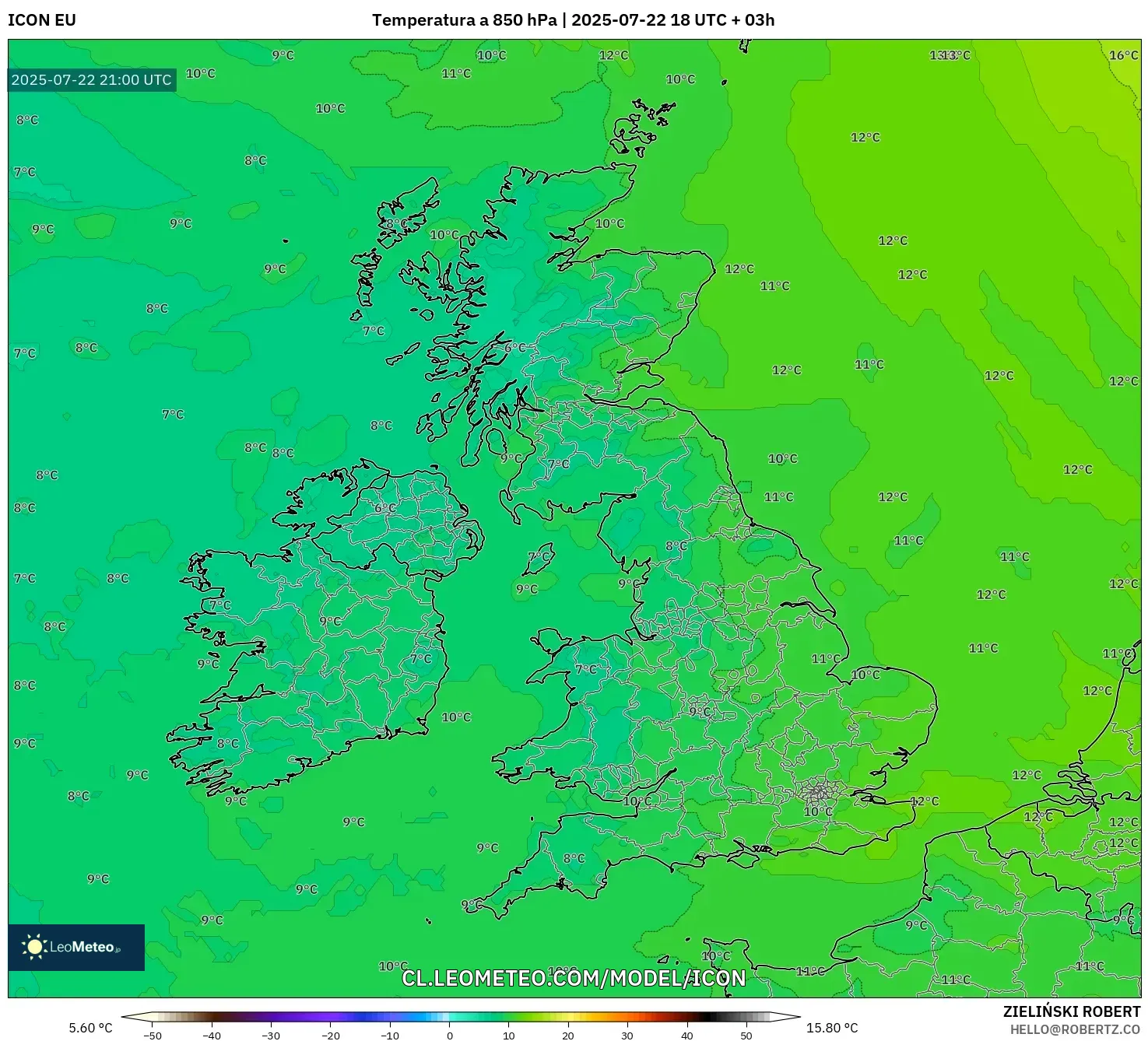 ICON model - Reino Unido, Temperatura a 850 hPa ICON model - Reino Unido, Temperatura a 850 hPa