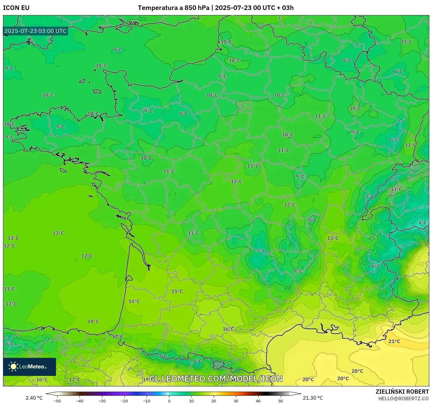 ICON model - Francia, Temperatura a 850 hPa ICON model - Francia, Temperatura a 850 hPa