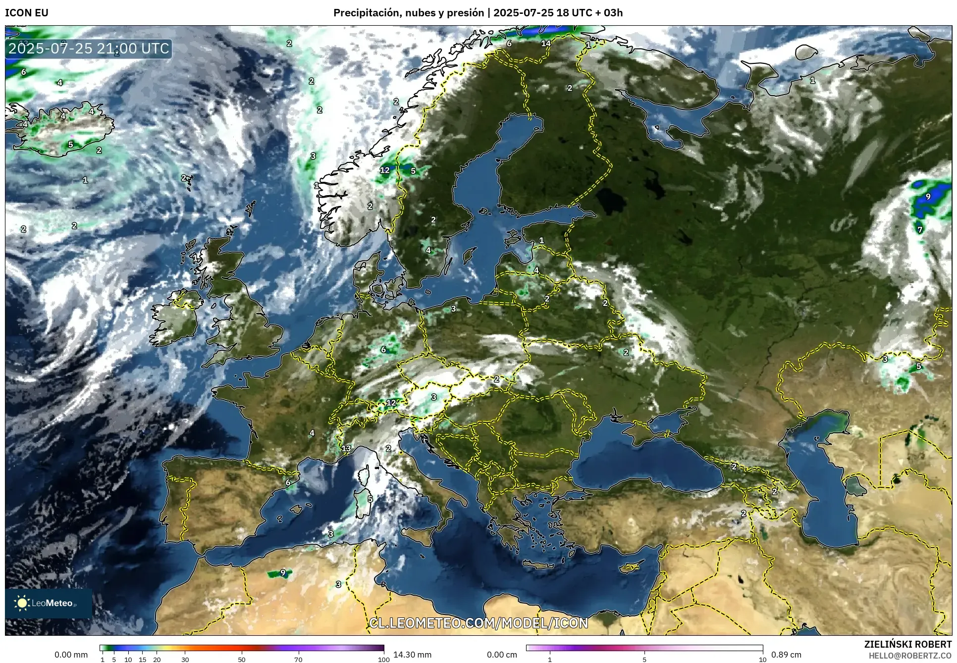 ICON model - Europa, Precipitación, nubes y presión