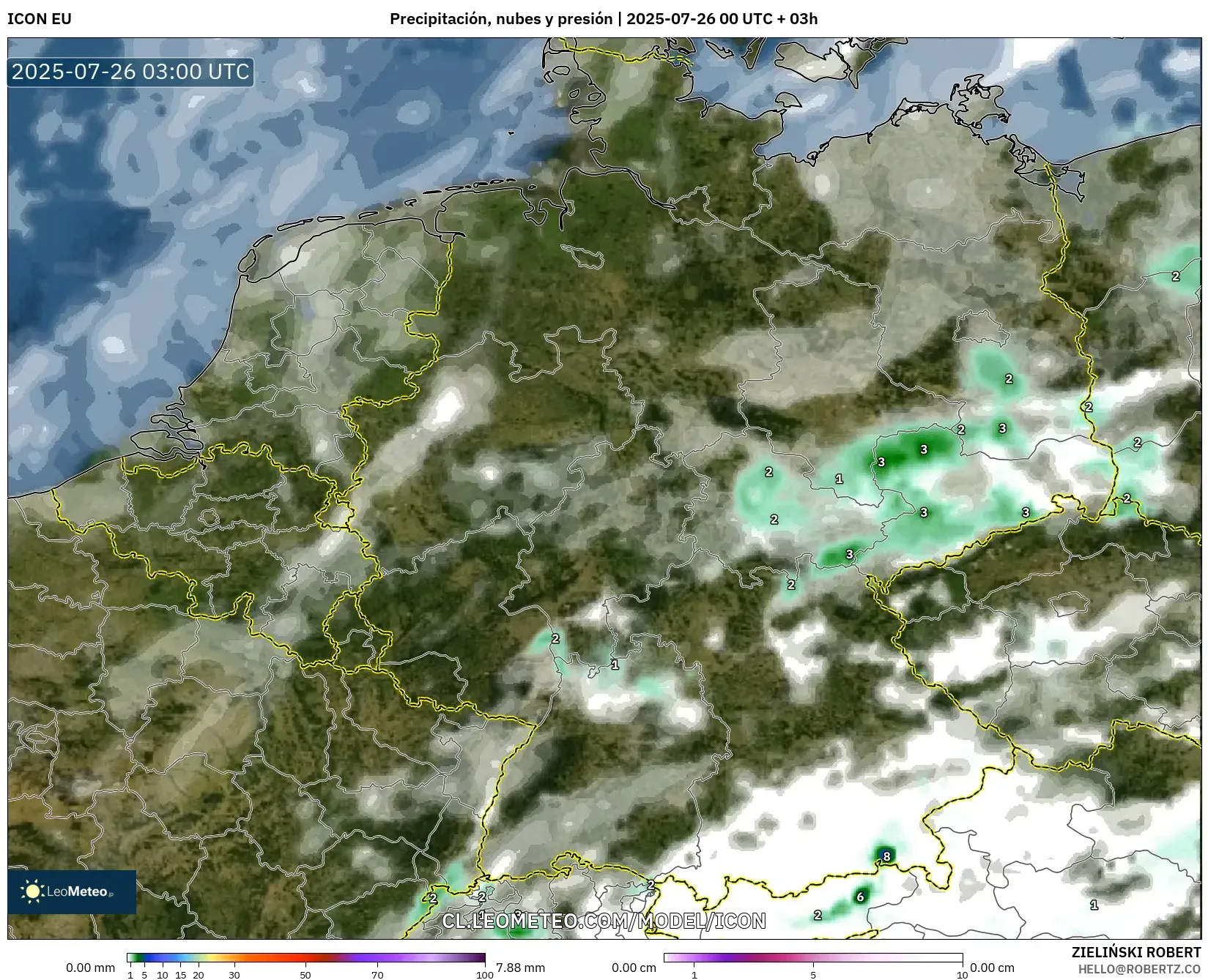 ICON model - Alemania, Precipitación, nubes y presión