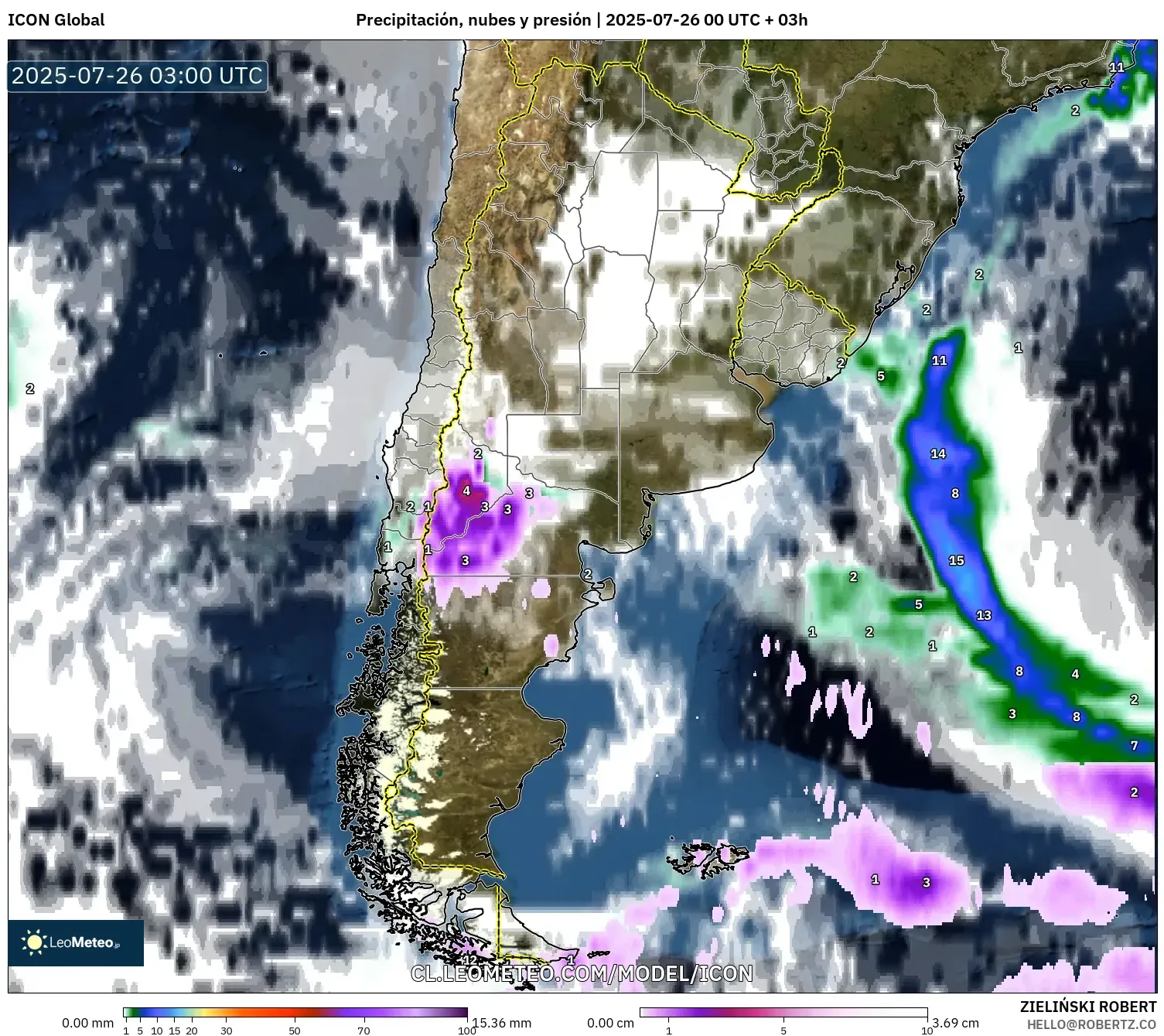 ICON model - Argentina, Precipitación, nubes y presión