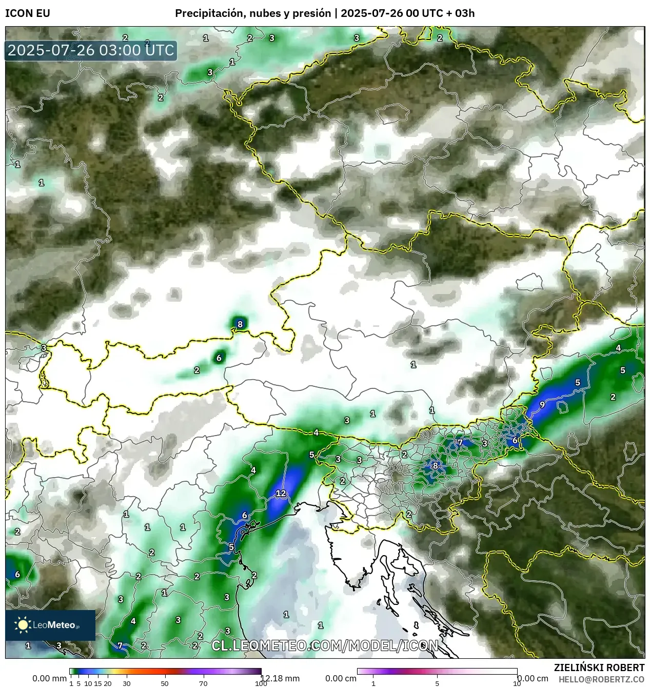 ICON model - Austria, Precipitación, nubes y presión