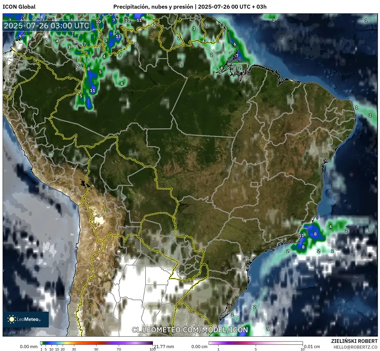 ICON model - Brasil, Precipitación, nubes y presión