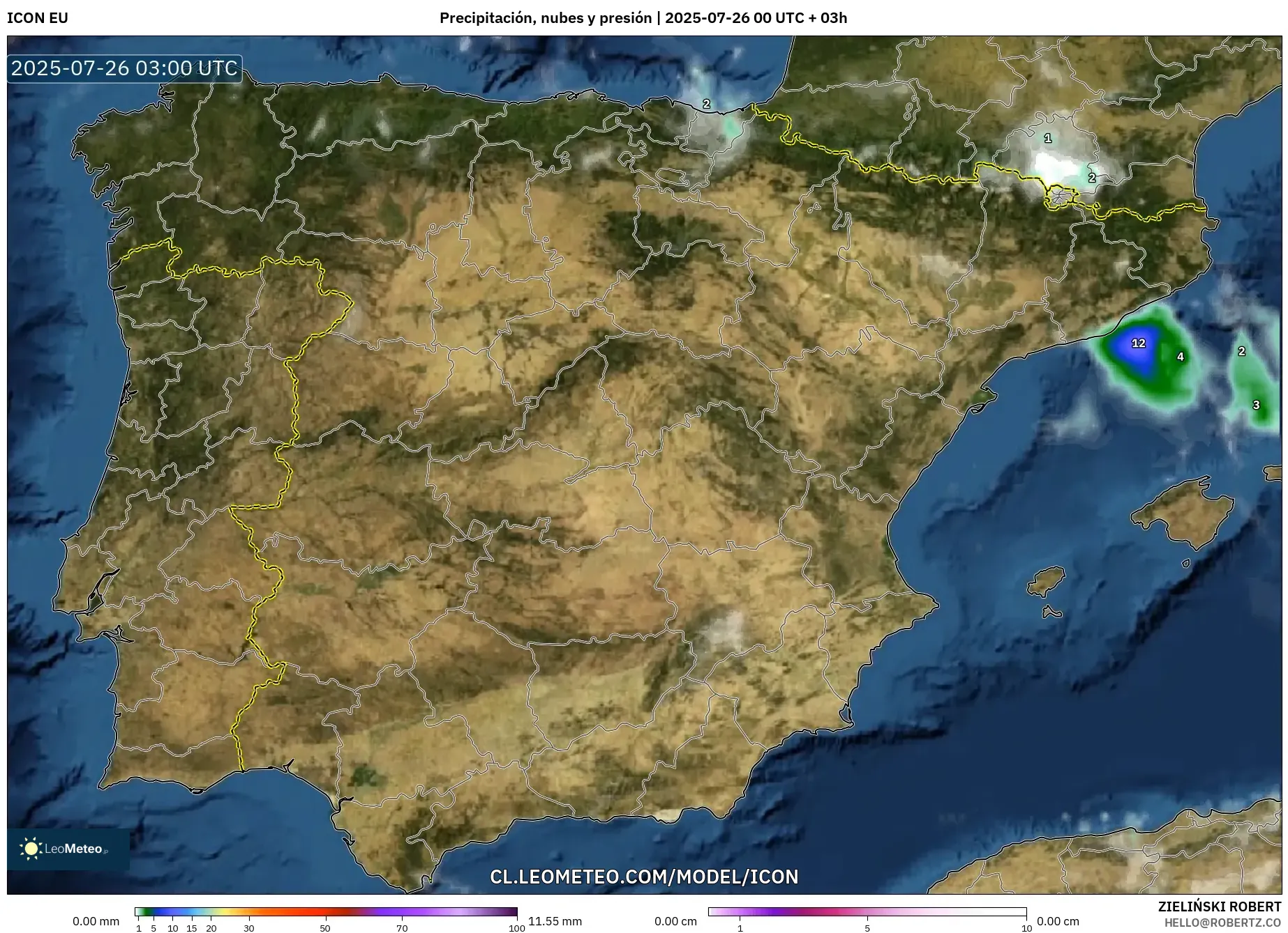 ICON model - España, Precipitación, nubes y presión