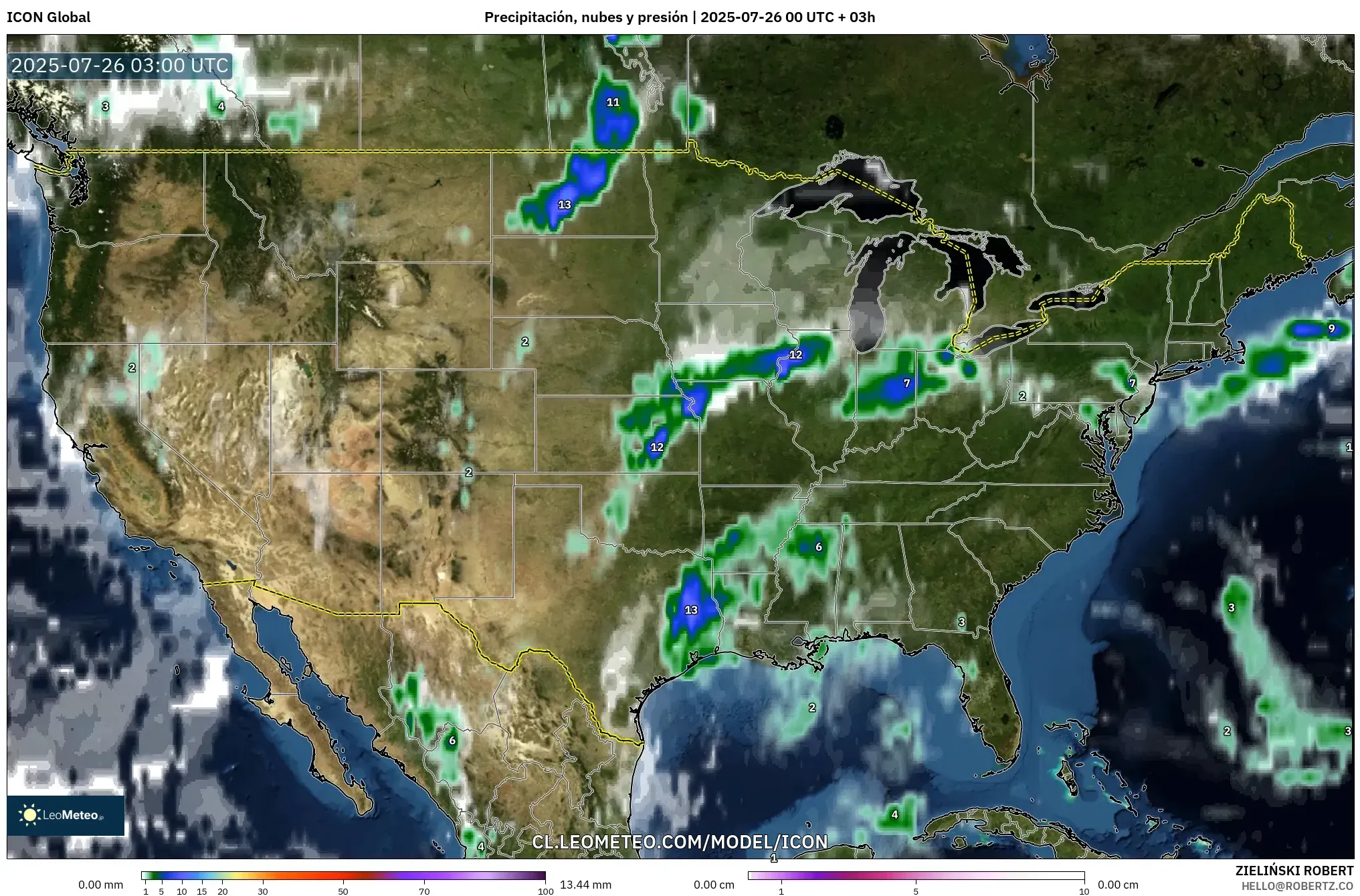 ICON model - Estados Unidos, Precipitación, nubes y presión