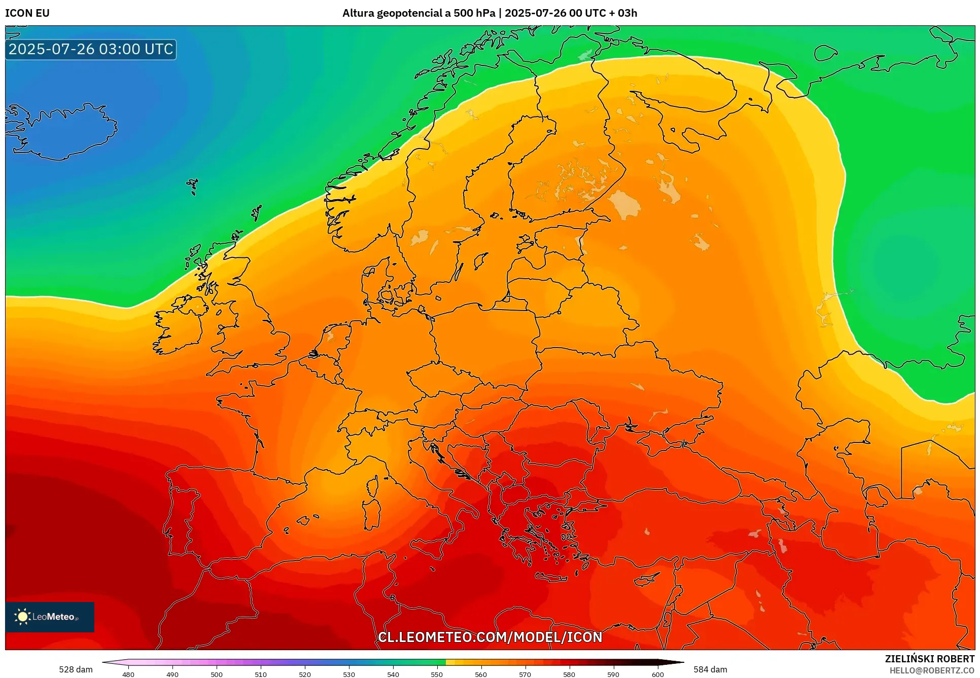 ICON model - Europa, Altura geopotencial a 500 hPa