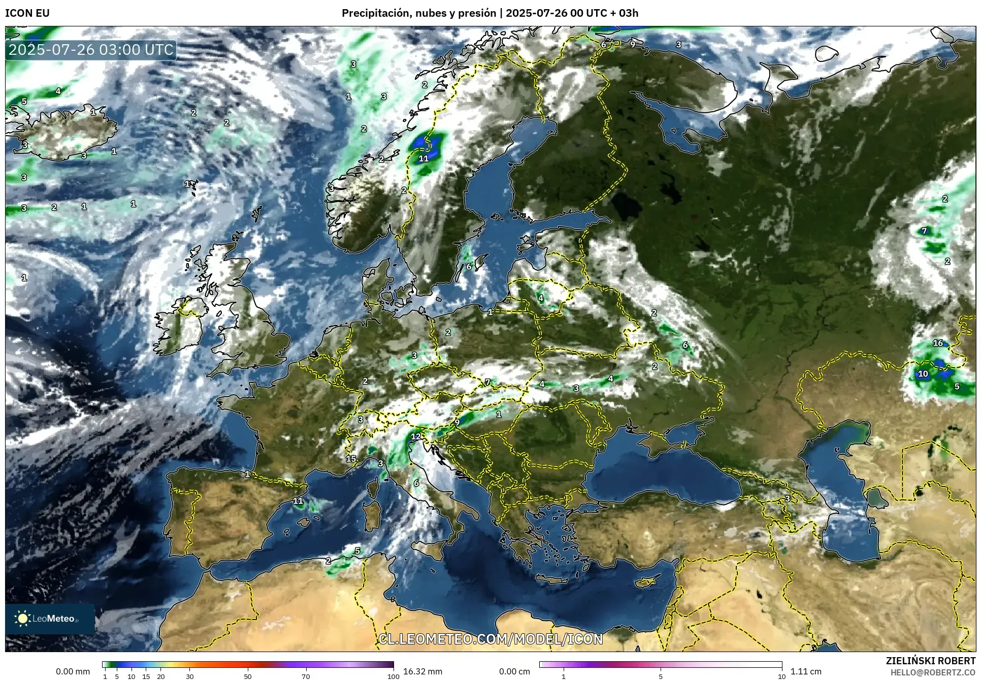 ICON model - Europa, Precipitación, nubes y presión ICON model - Europa, Precipitación, nubes y presión