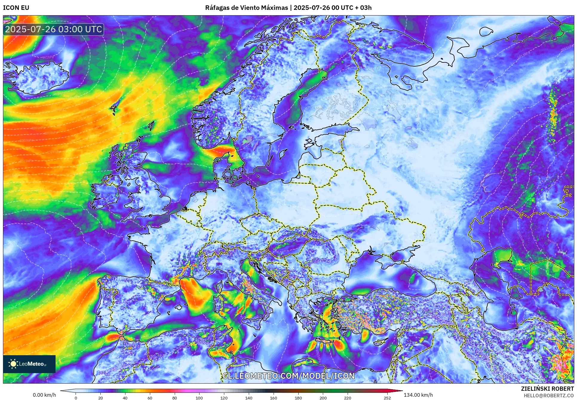 ICON model - Europa, Ráfagas de Viento Máximas