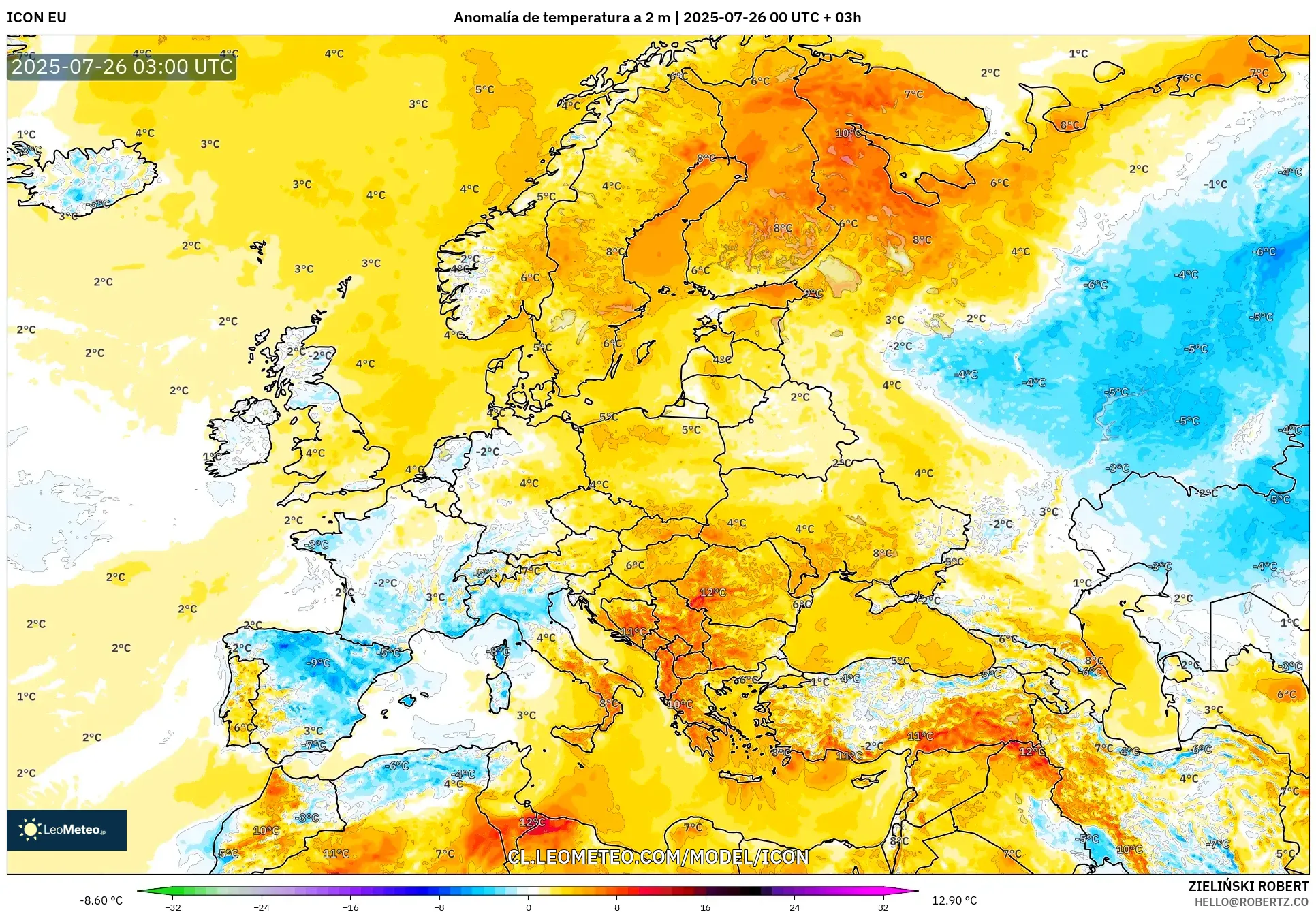 ICON model - Europa, Anomalía de temperatura a 2 m