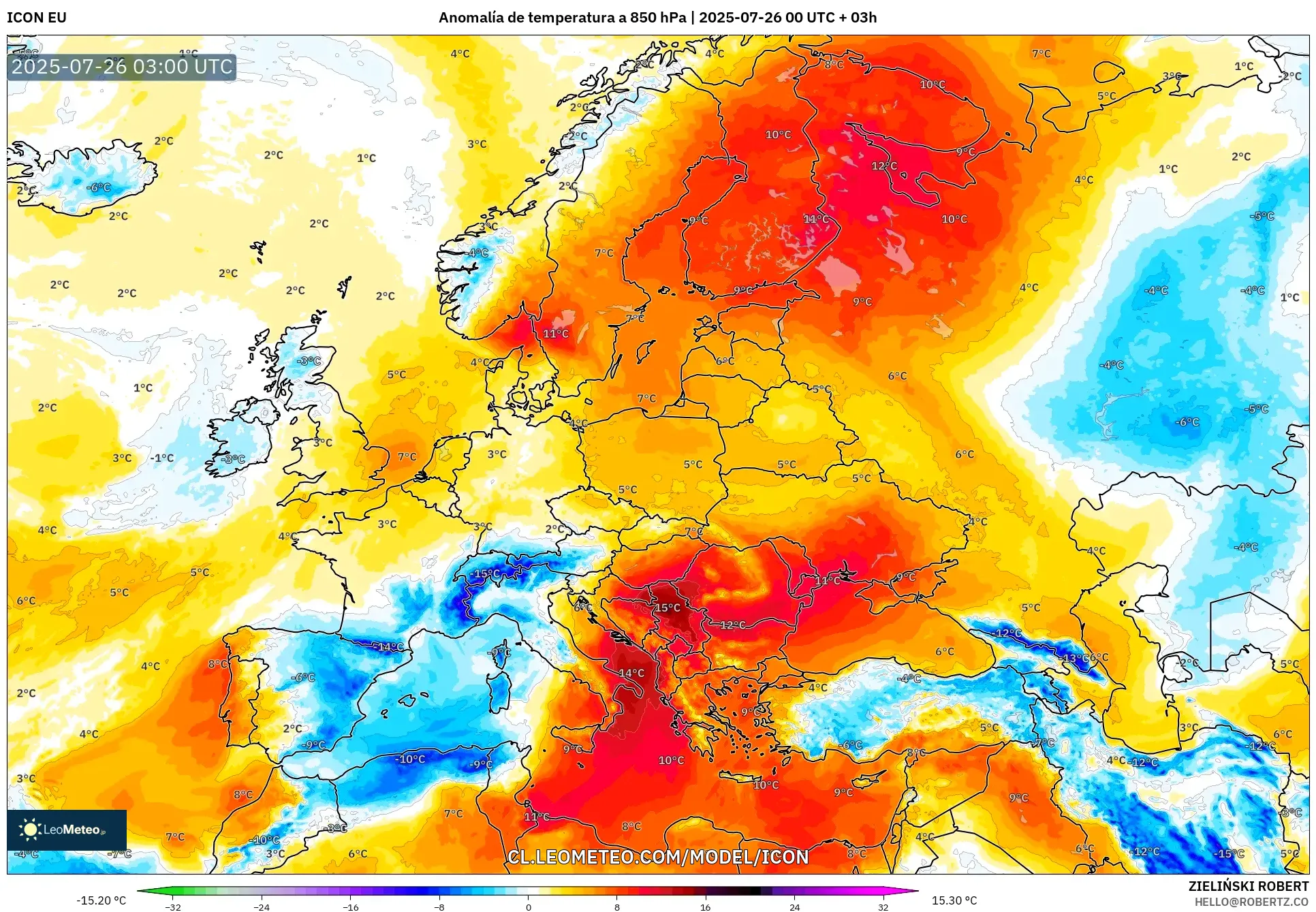 ICON model - Europa, Anomalía de temperatura a 850 hPa