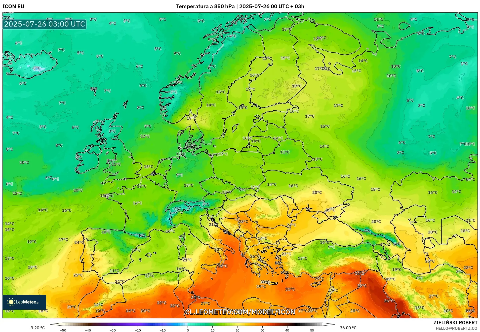 ICON model - Europa, Temperatura a 850 hPa
