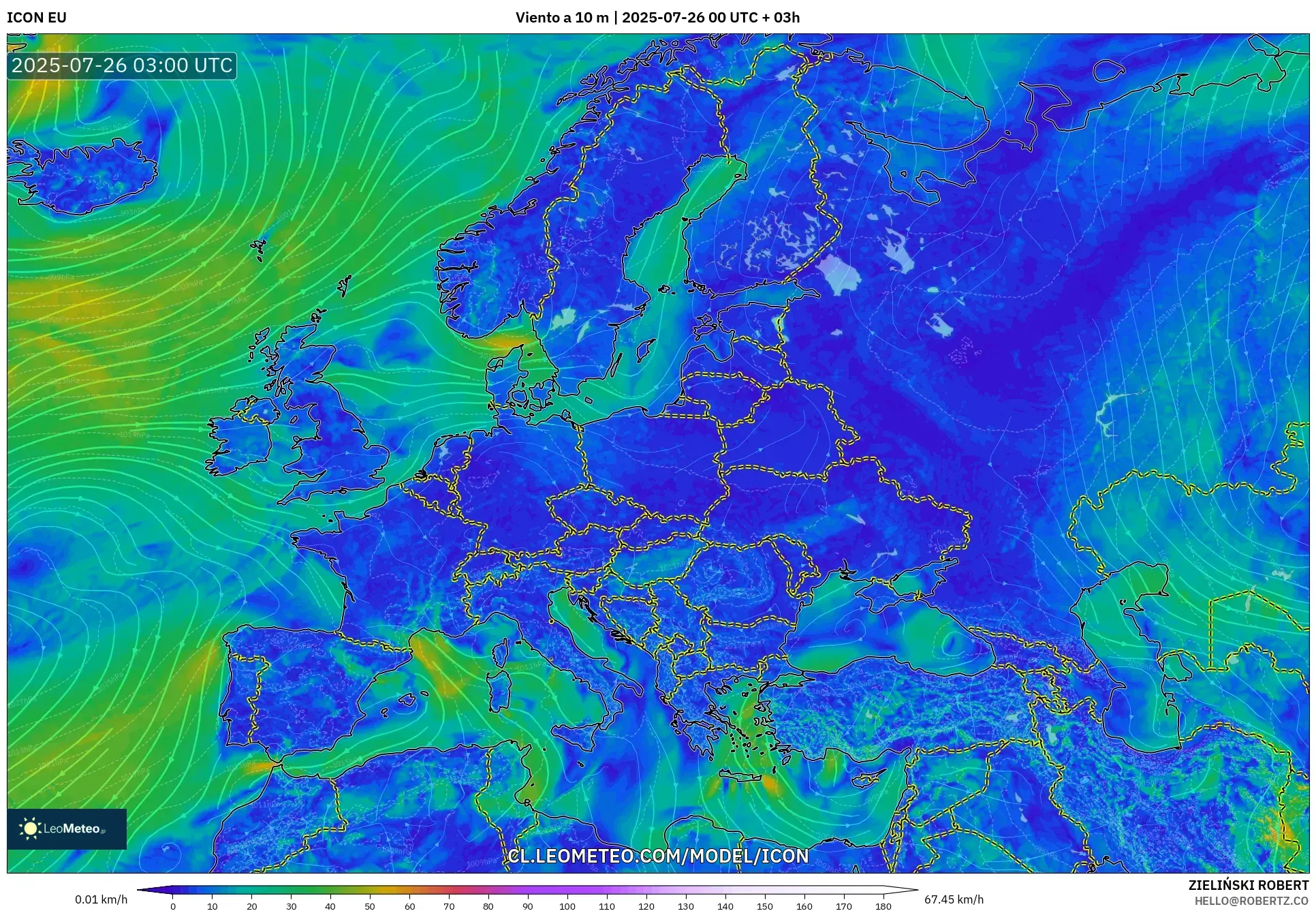 ICON model - Europa, Viento a 10 m