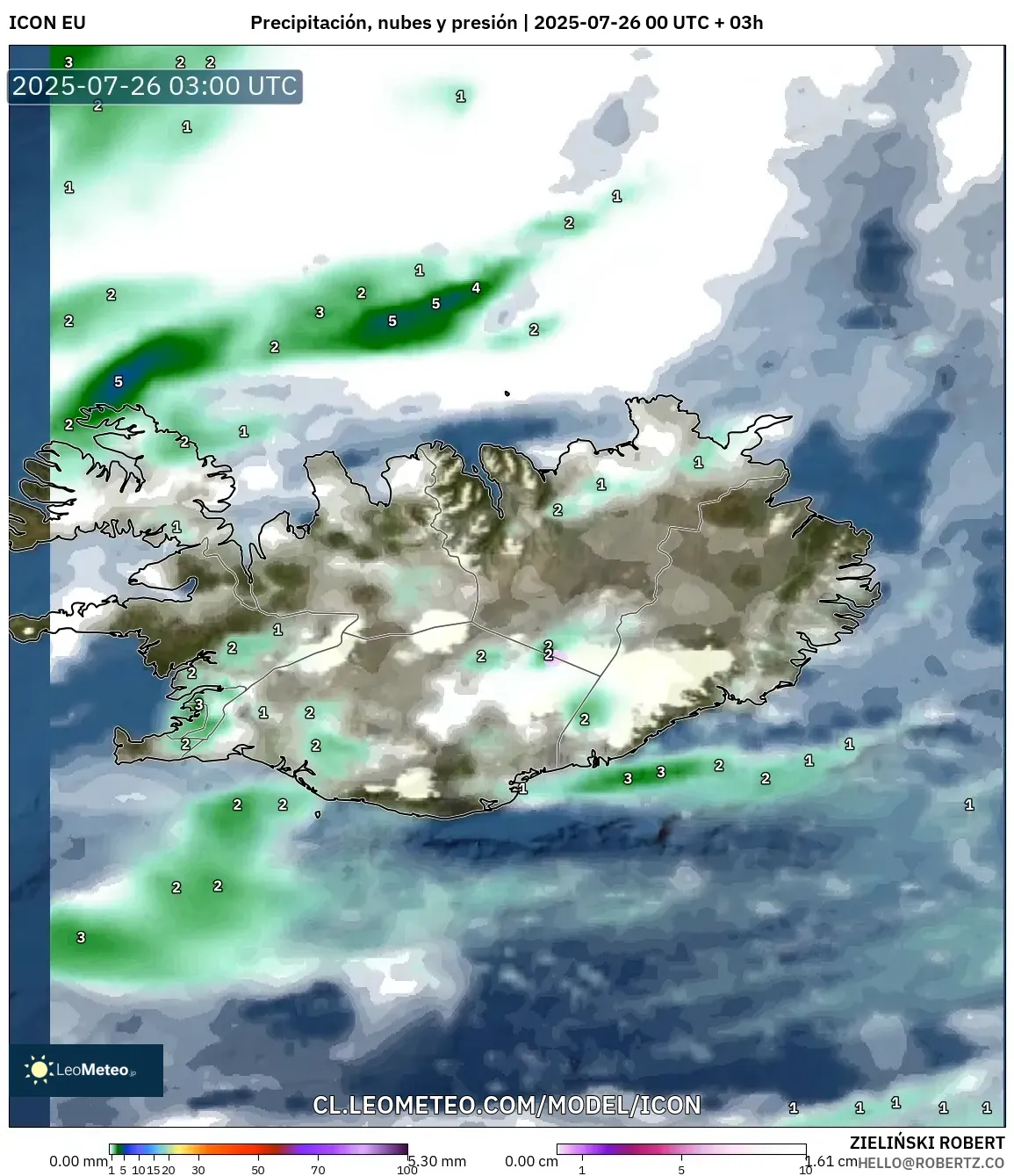 ICON model - Islandia, Precipitación, nubes y presión