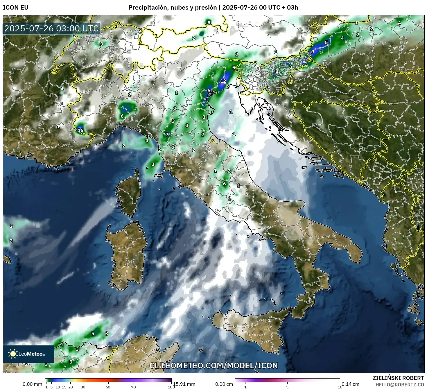 ICON model - Italia, Precipitación, nubes y presión