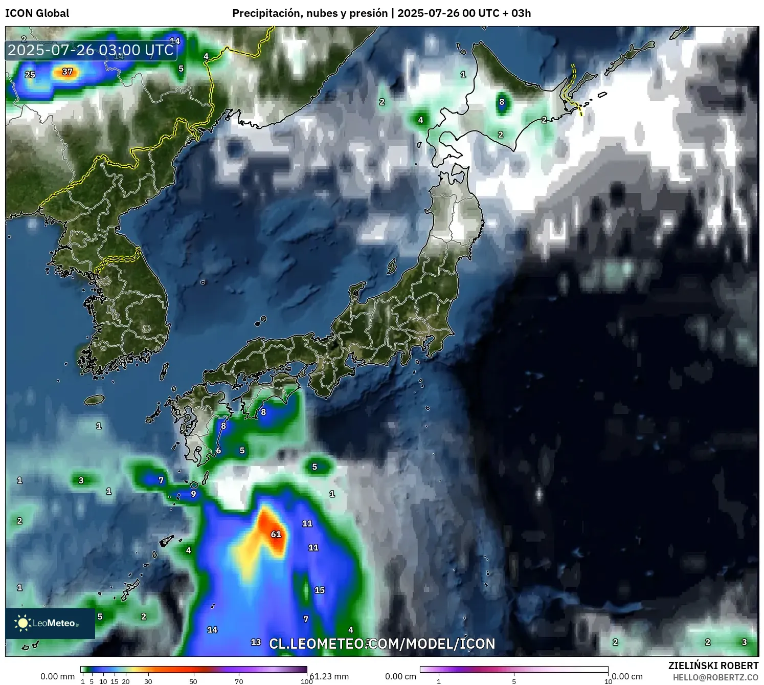 ICON model - Japón, Precipitación, nubes y presión