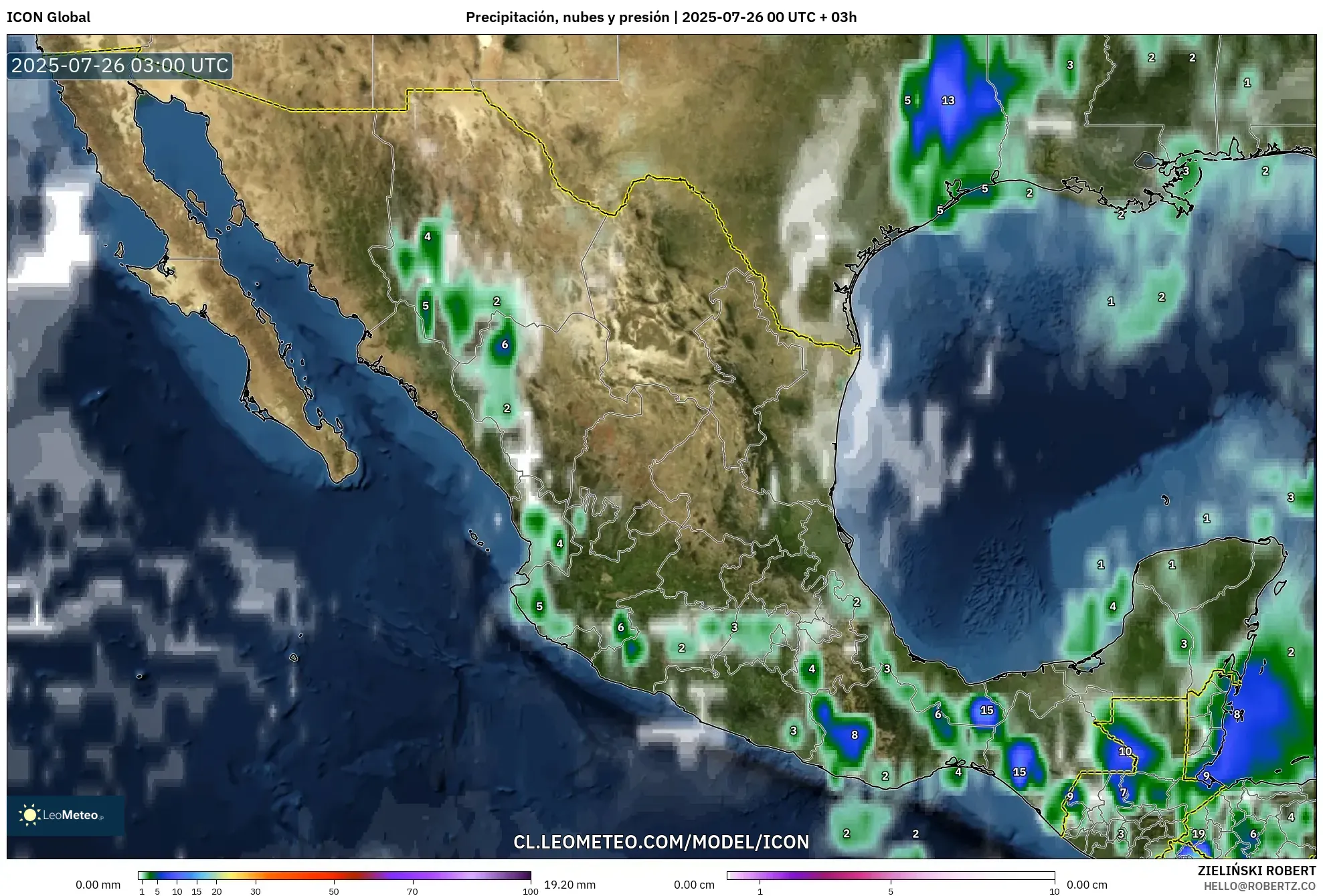ICON model - México, Precipitación, nubes y presión