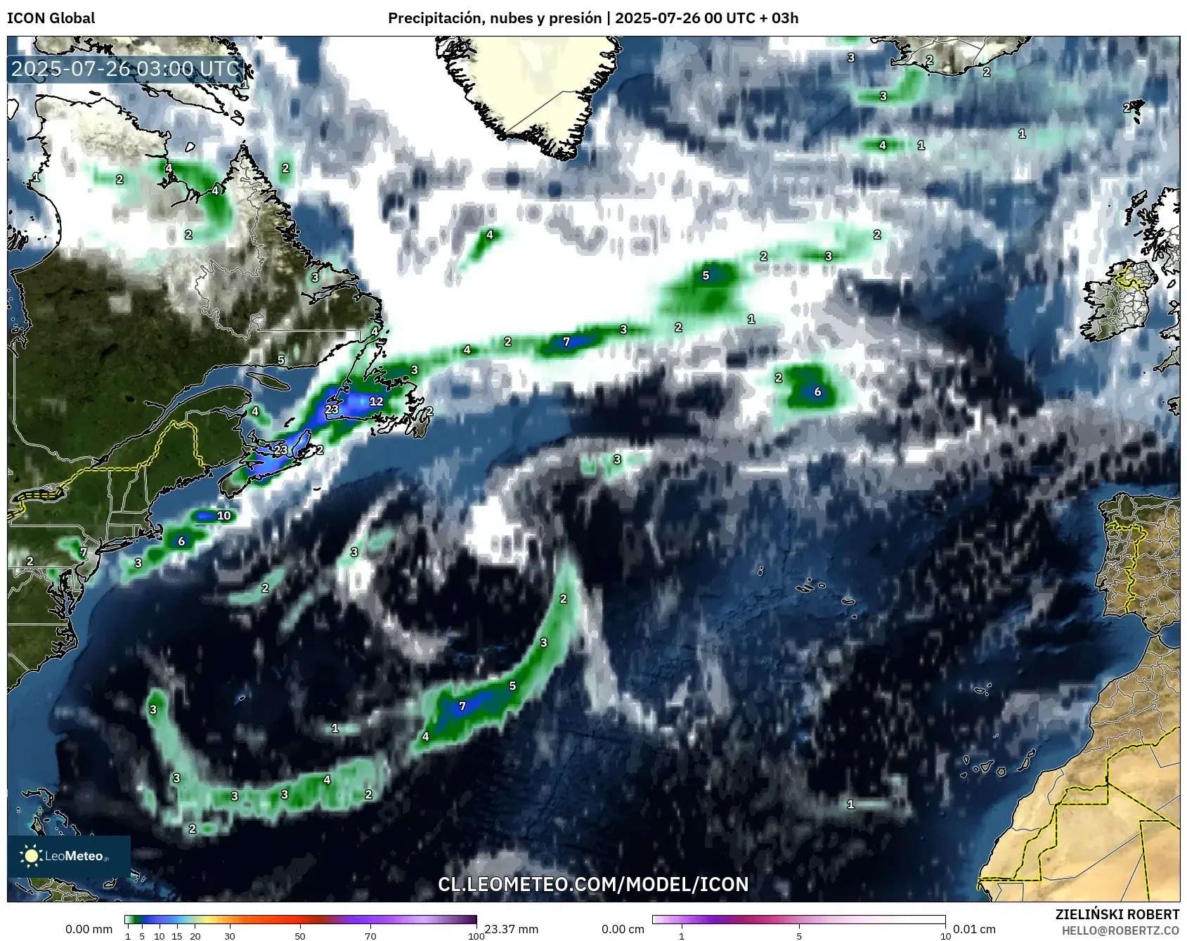 ICON model - Norte Atlántico, Precipitación, nubes y presión