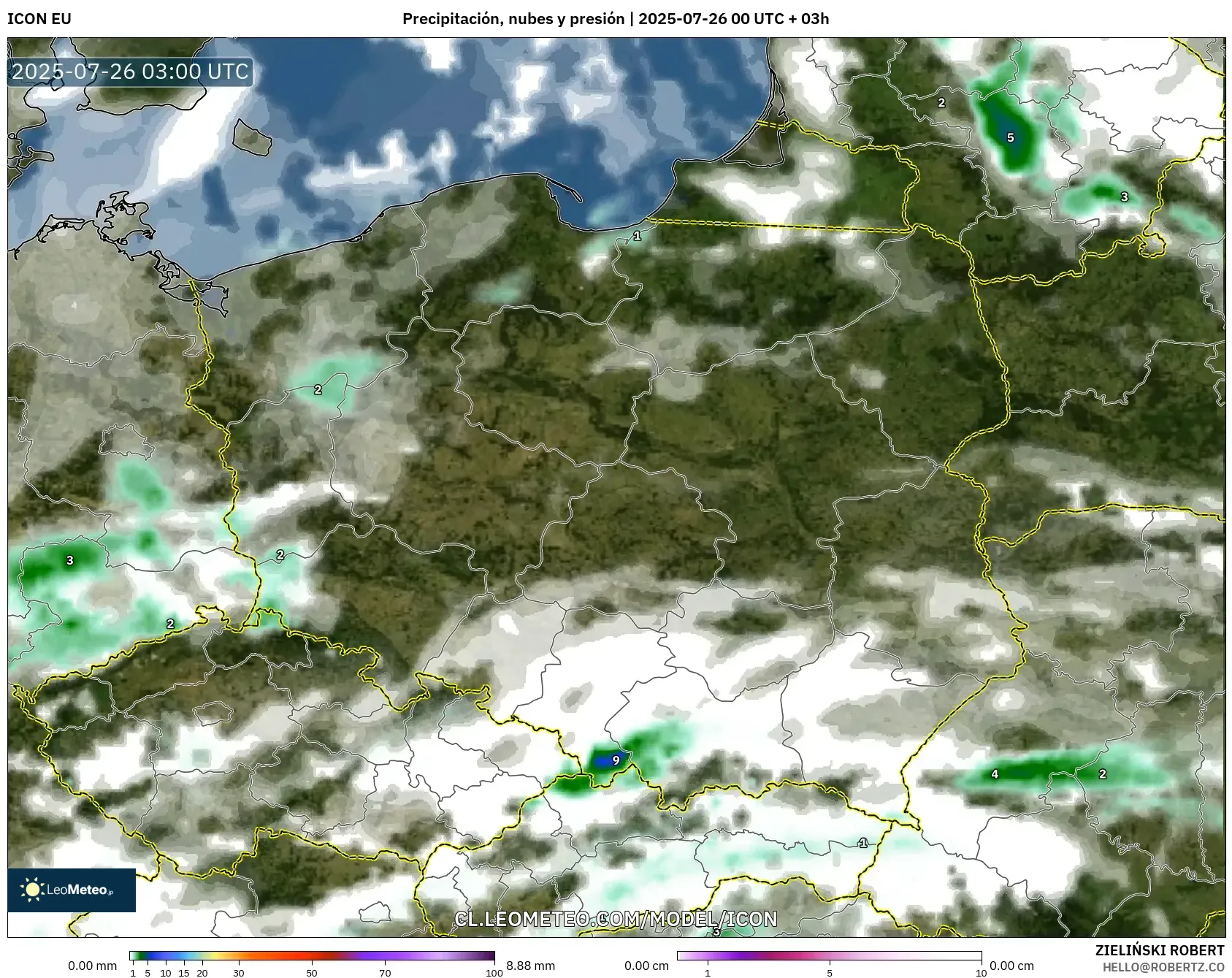 ICON model - Polonia, Precipitación, nubes y presión