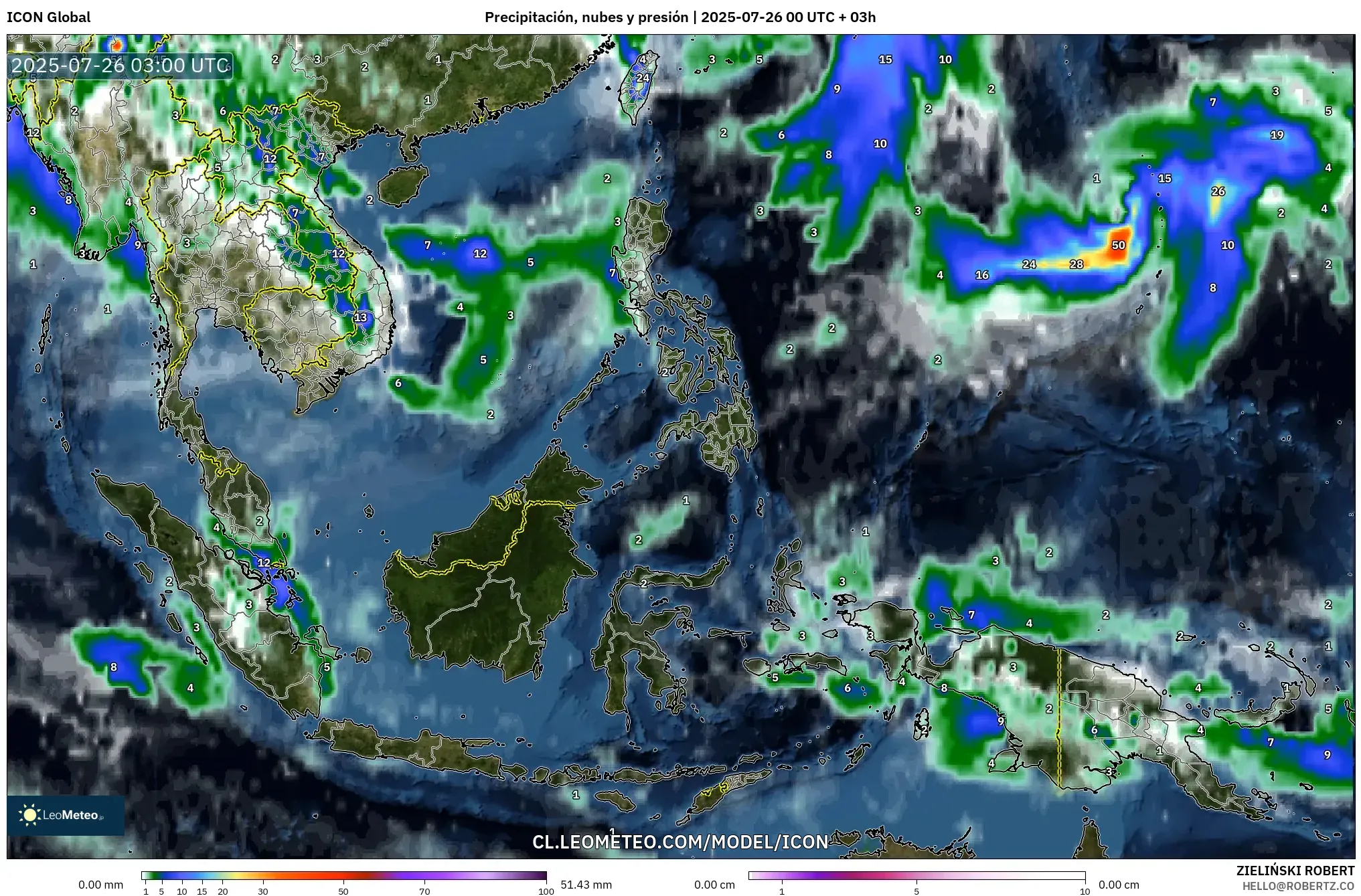 ICON model - Sudeste Asiático, Precipitación, nubes y presión