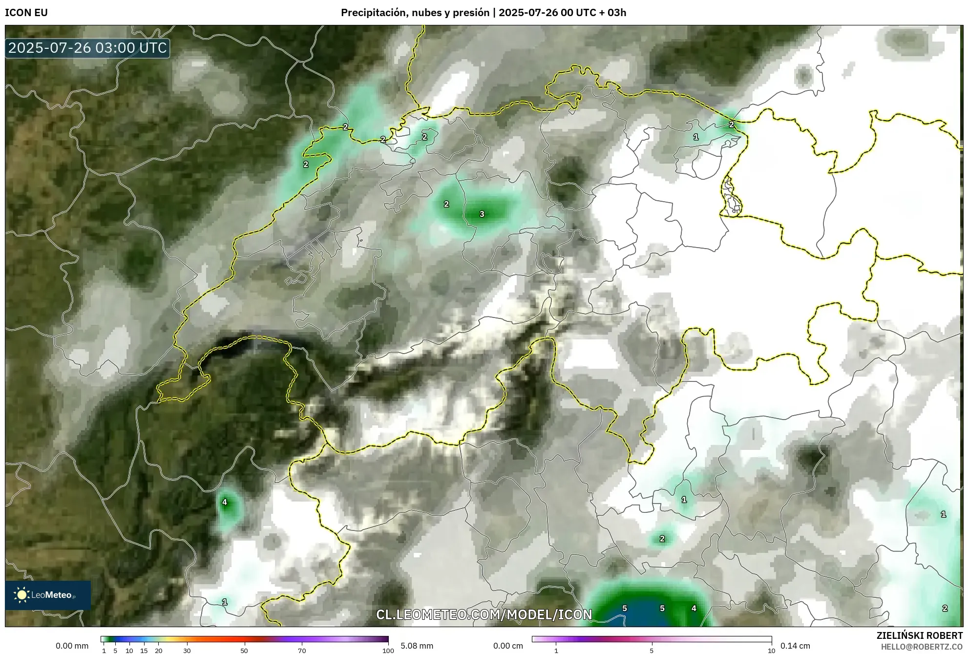 ICON model - Suiza, Precipitación, nubes y presión