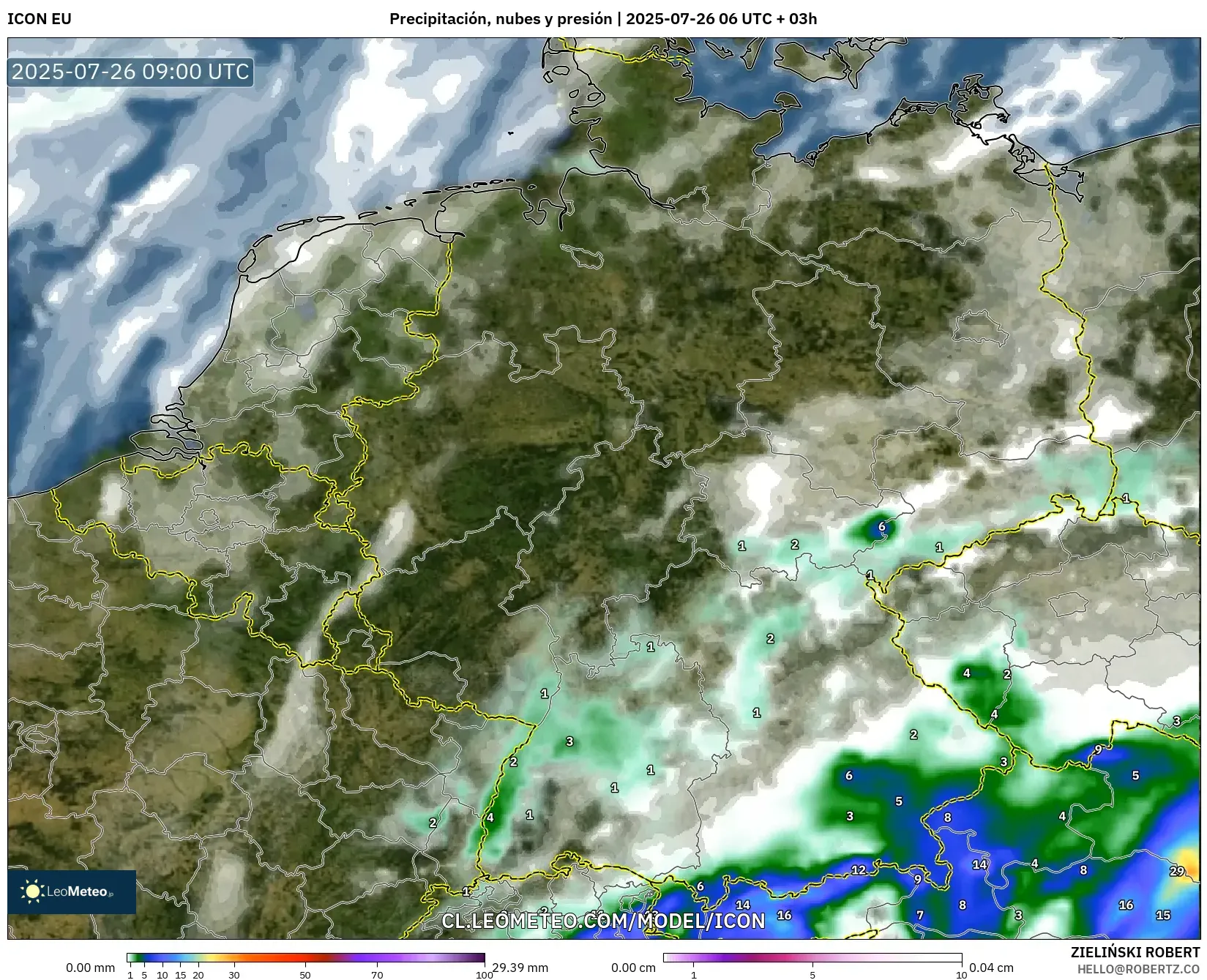 ICON model - Alemania, Precipitación, nubes y presión