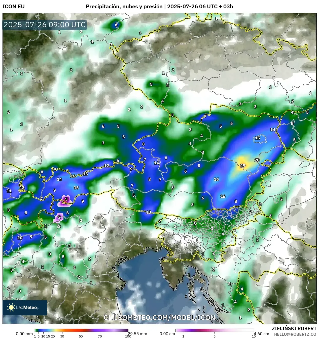 ICON model - Austria, Precipitación, nubes y presión