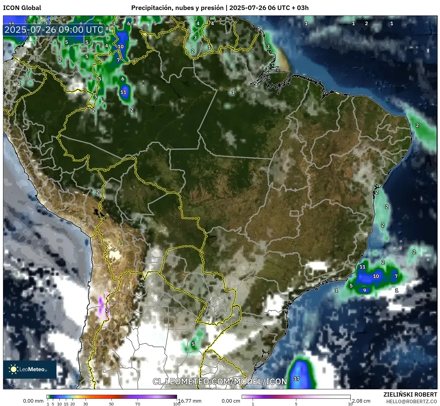 ICON model - Brasil, Precipitación, nubes y presión