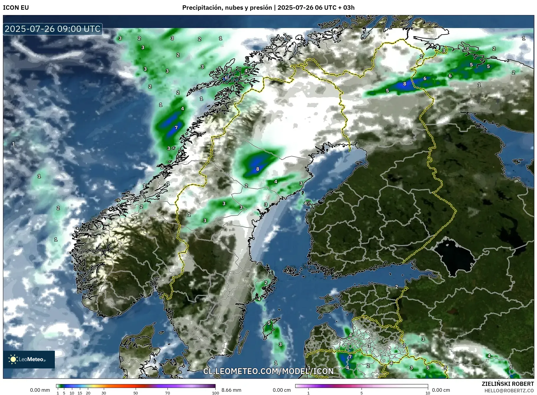 ICON model - Escandinavia, Precipitación, nubes y presión