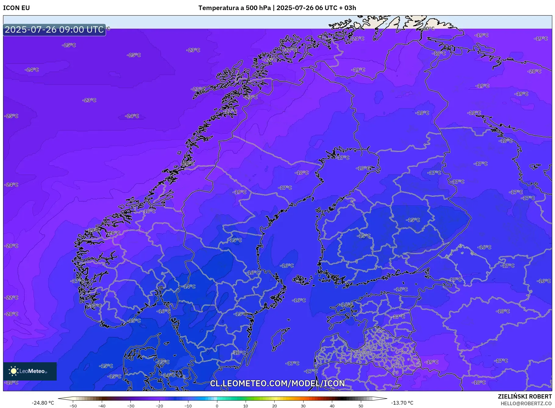 ICON model - Escandinavia, Temperatura a 500 hPa