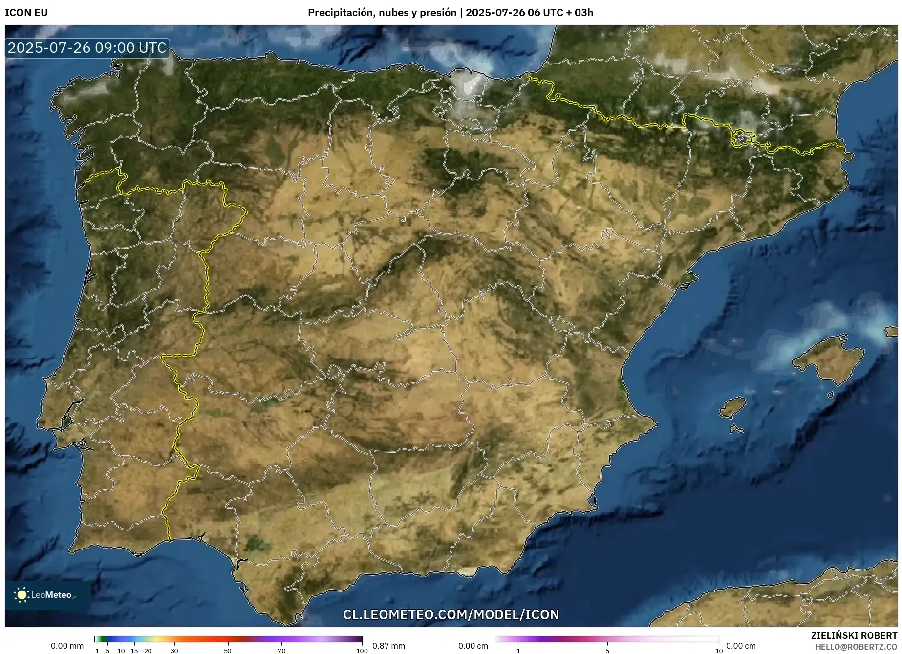 ICON model - España, Precipitación, nubes y presión