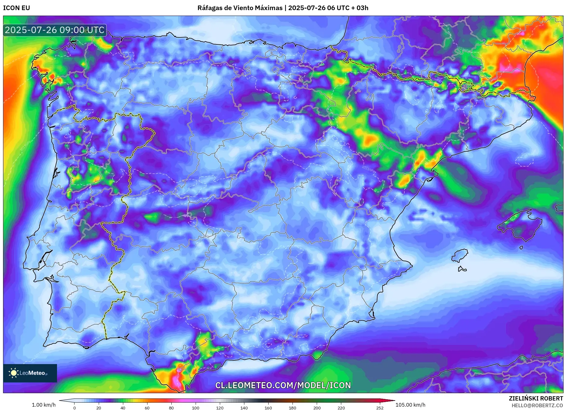 ICON model - España, Ráfagas de Viento Máximas
