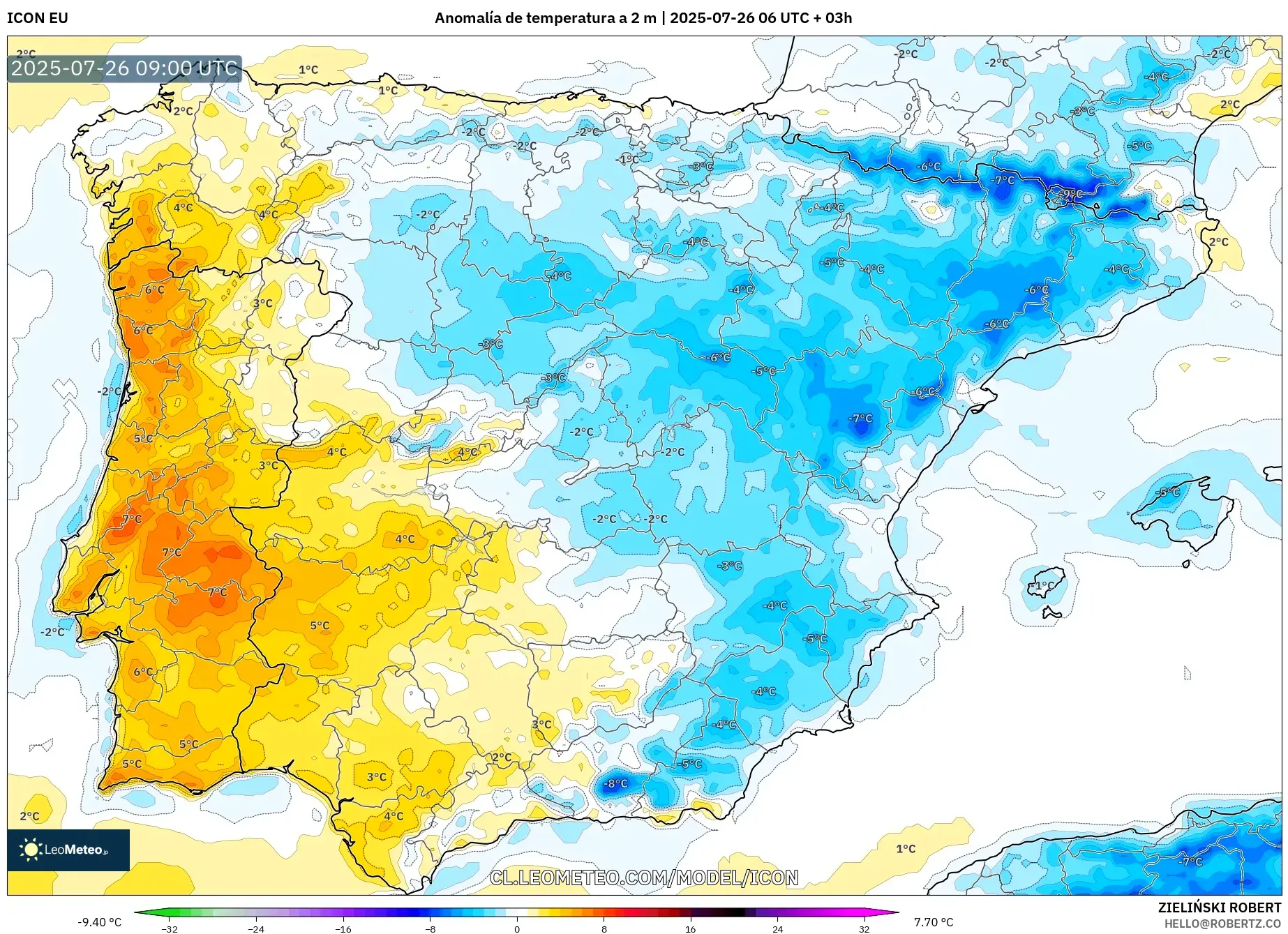 ICON model - España, Anomalía de temperatura a 2 m