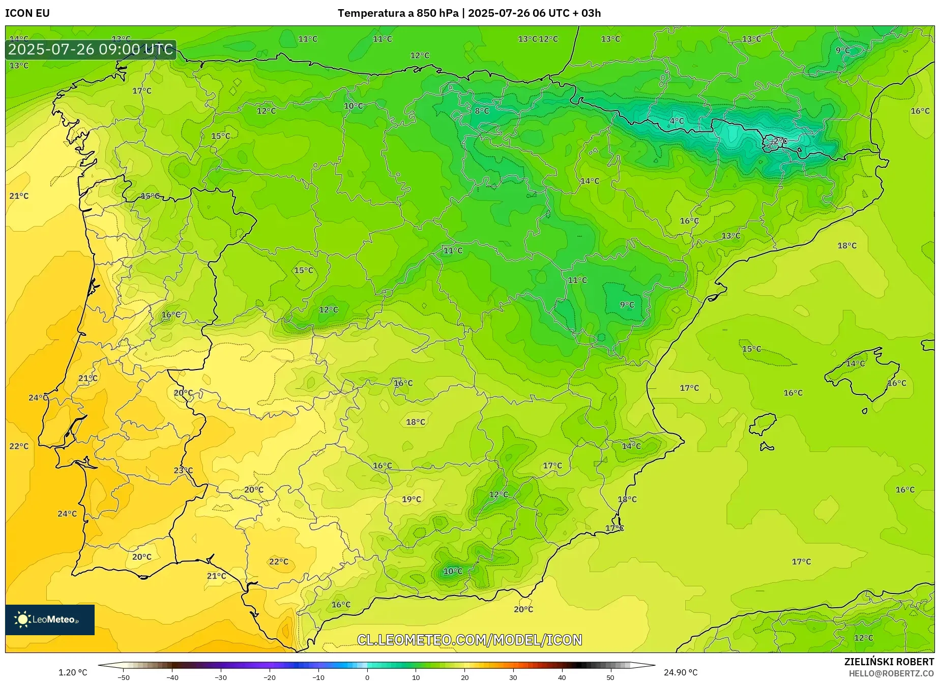 ICON model - España, Temperatura a 850 hPa
