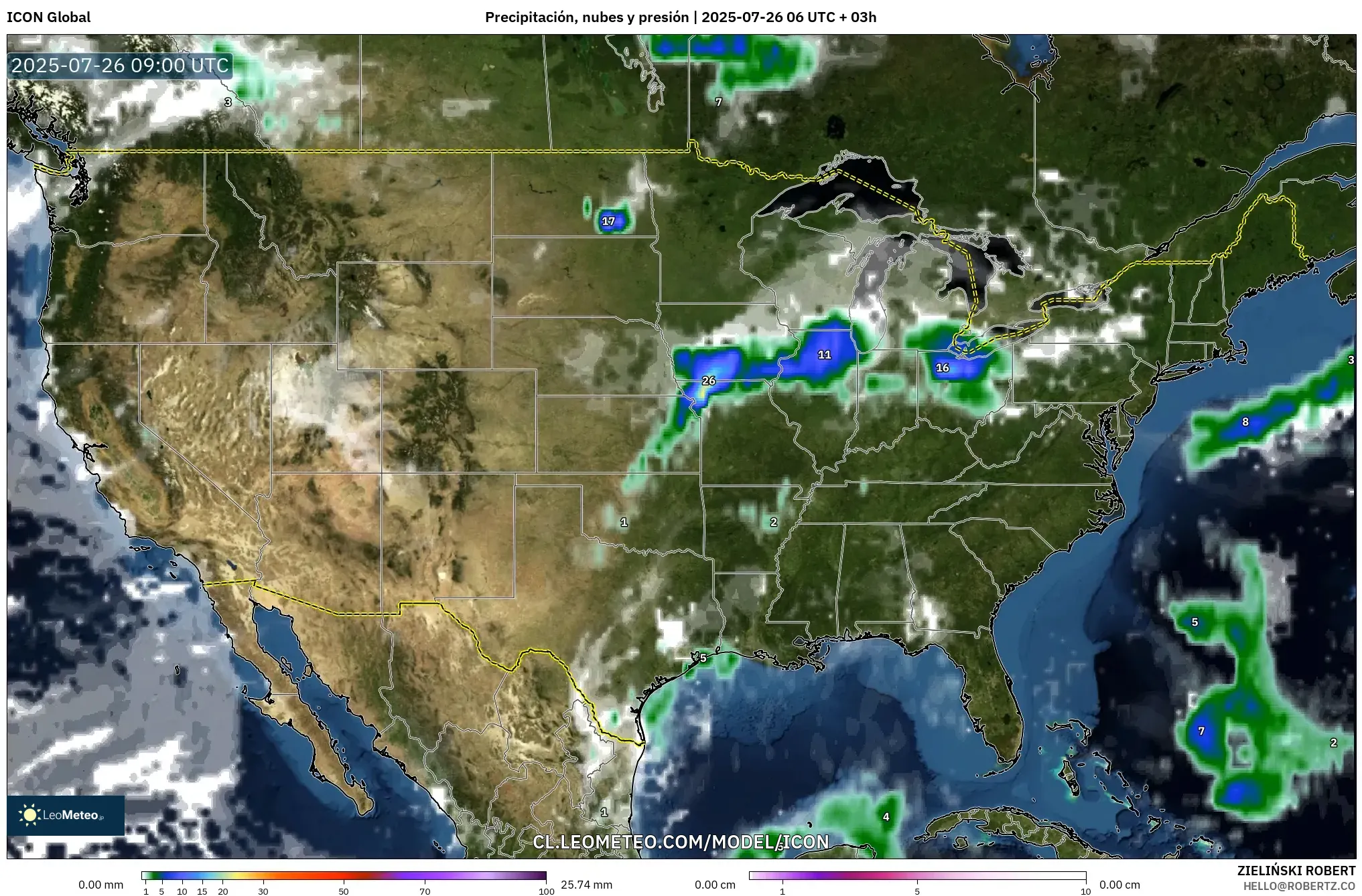 ICON model - Estados Unidos, Precipitación, nubes y presión