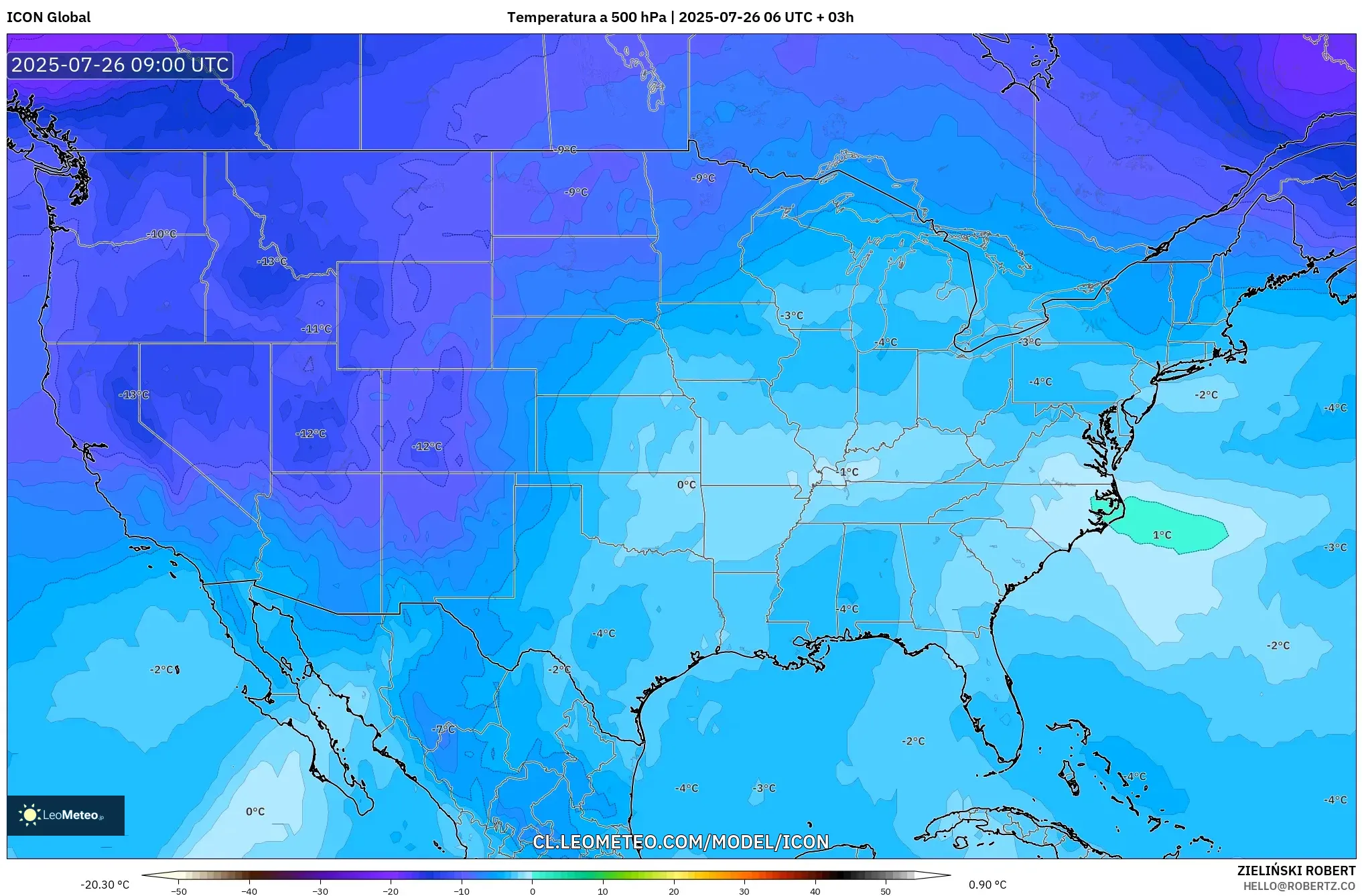 ICON model - Estados Unidos, Temperatura a 500 hPa